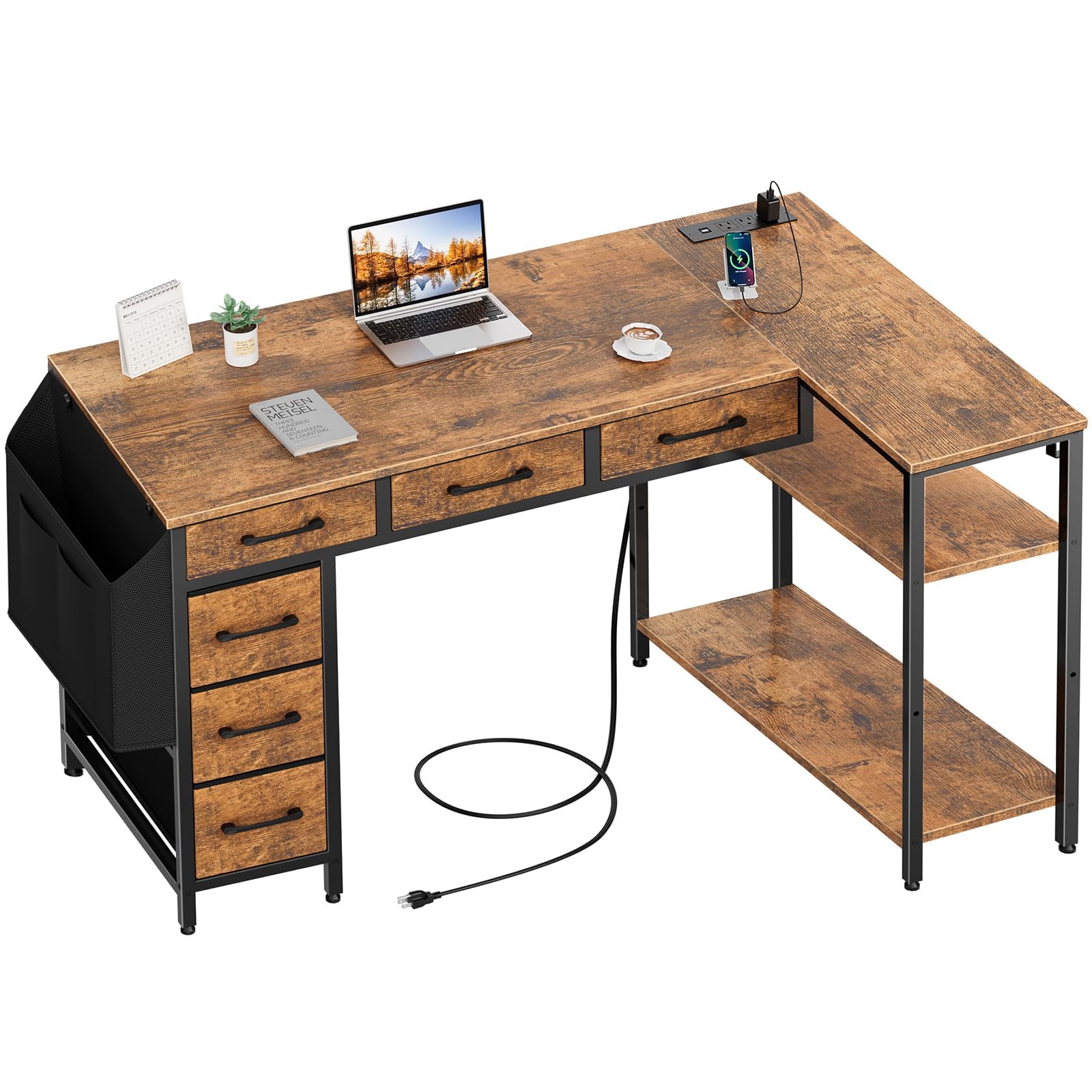Lufeiya L Shaped Computer Desk with Drawers - 48 Inch Office Desk with Shelves Storage, Reversible Corner PC Desks with Power Outlet for Home Office, Bed Room, Writing Workstation, Brown