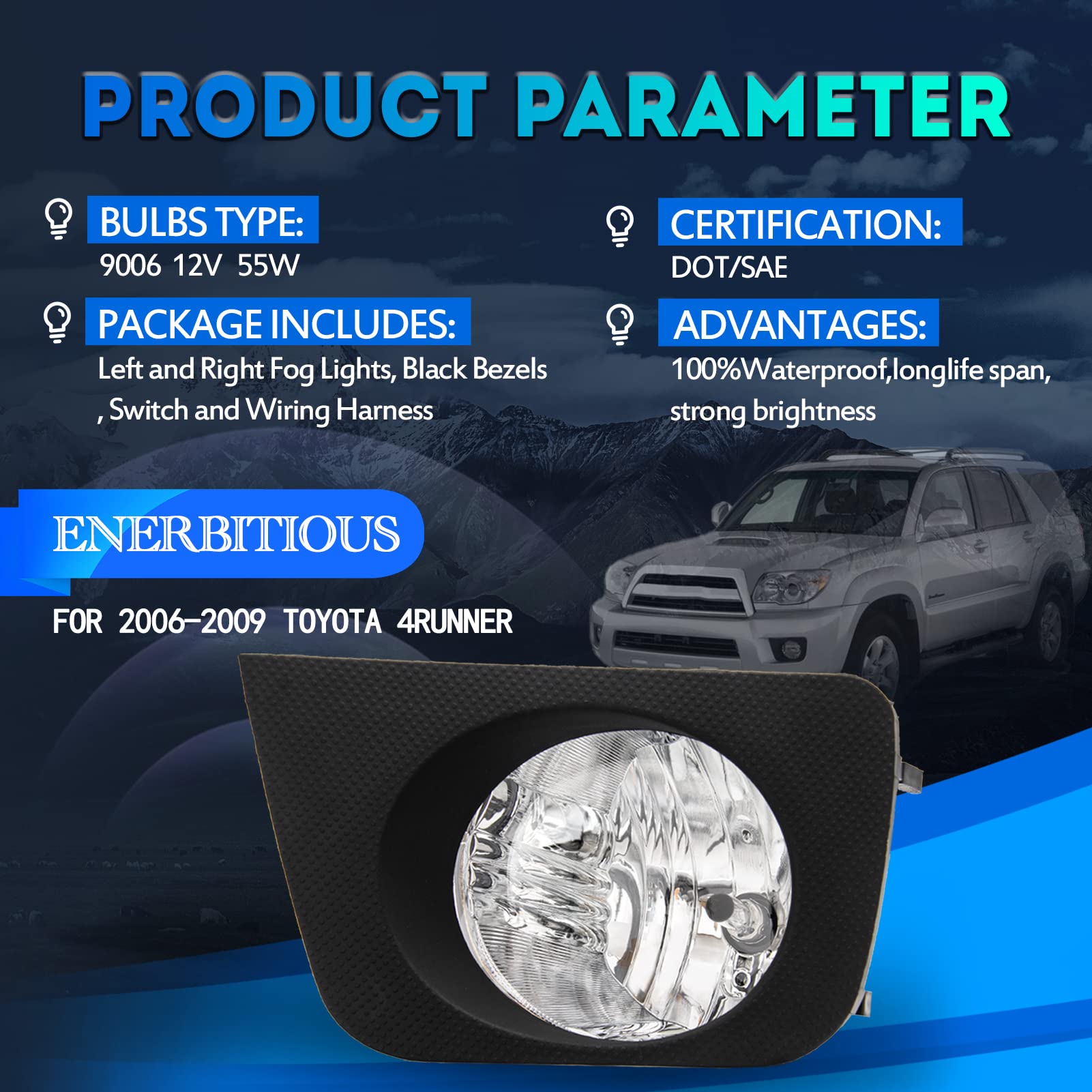 For 2006-2009 Toyota 4Runner Clear Fog Light Kit With Bezels, Switch & Wiring – Pair