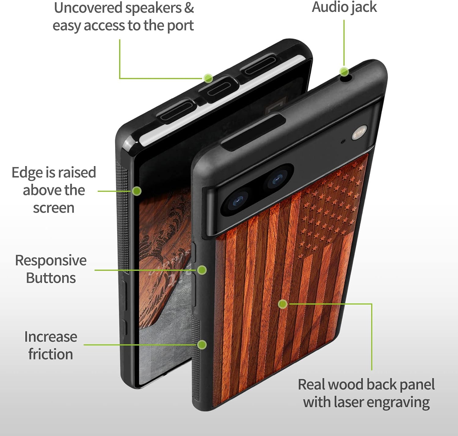 Carveit Wood Case for Pixel 7 Case [Natural Wood & Black Soft TPU] Shockproof Protective Unique & Classy Wooden Cover Compatible with Google Pixel 7 (American Flag-Rosy)