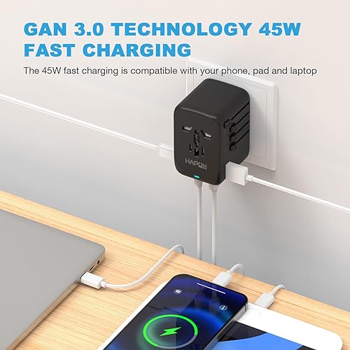 Universal Travel Adapter, PD20W International Power Adapter, 2 USB-C & 2 USB-A Fast Charging Travel Charger, All in One Worldwide Travel Plug Adapter, Outlet Adapter for Europe EU UK USA AU(Black,1 USB A+3 USB C(PD45W))
