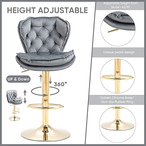 Miniatura 5 de Taburetes de bar giratorios juego de 2 taburetes de bar modernos ajustables con altura de mostrador taburete tapizado de terciopelo copetudo