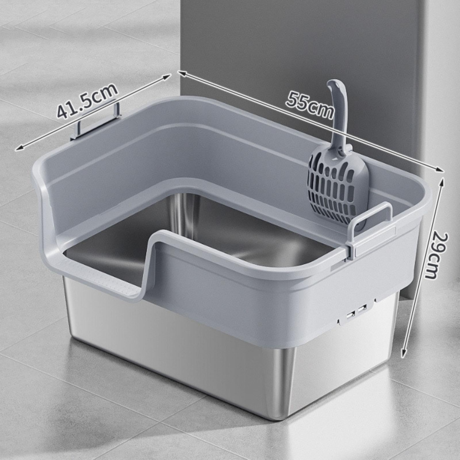 Arenero Semicerrado con Pala, Fabricado en Acero Inoxidable Y PP, con Bordes para Evitar Derrames, Apto para Gatos de Interior.