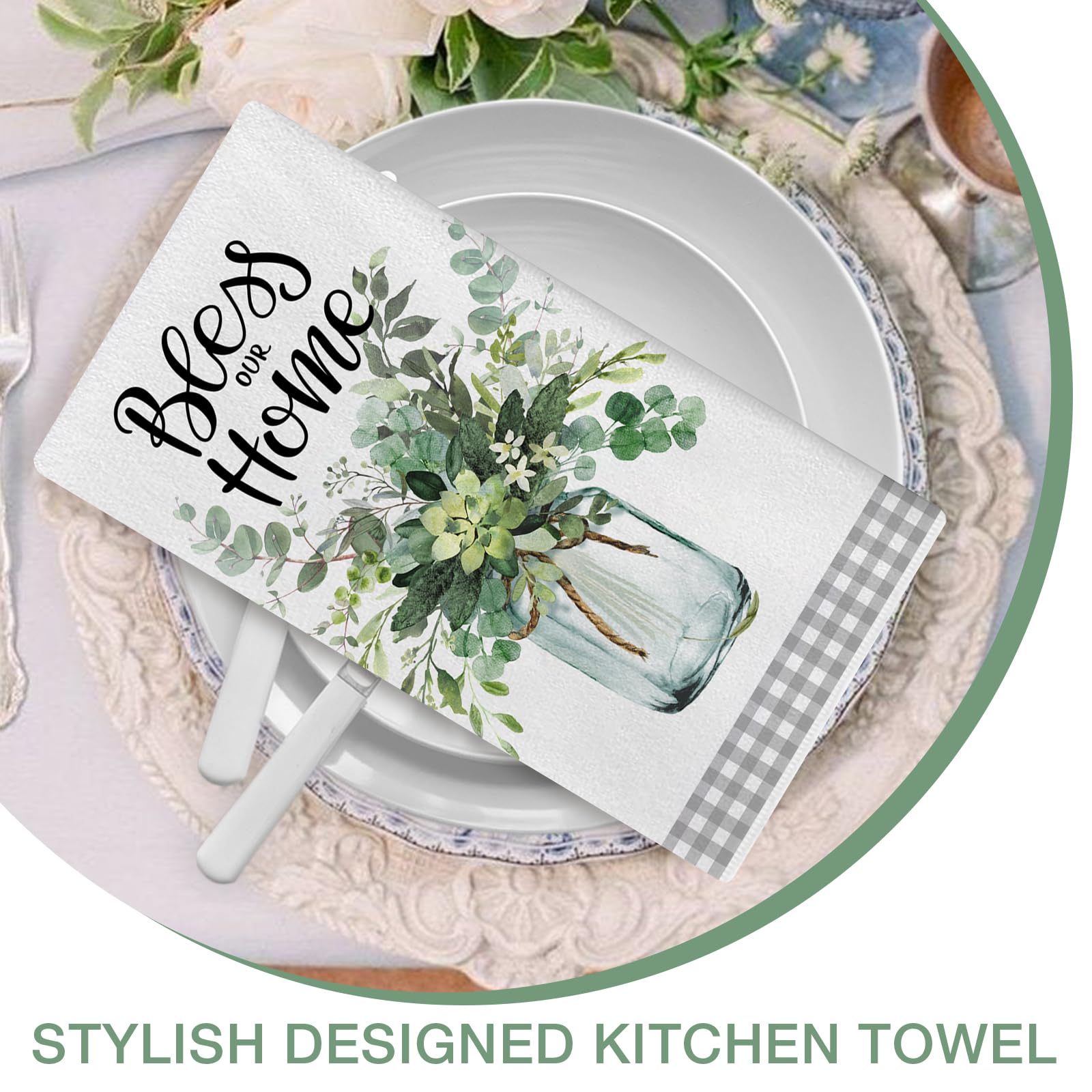 Seliem Sweet Home - Set di 2 strofinacci da cucina con foglie di eucalipto, per asciugare e cucinare, motivo scozzese grigio, decorazione per la casa, 45 x 66 cm