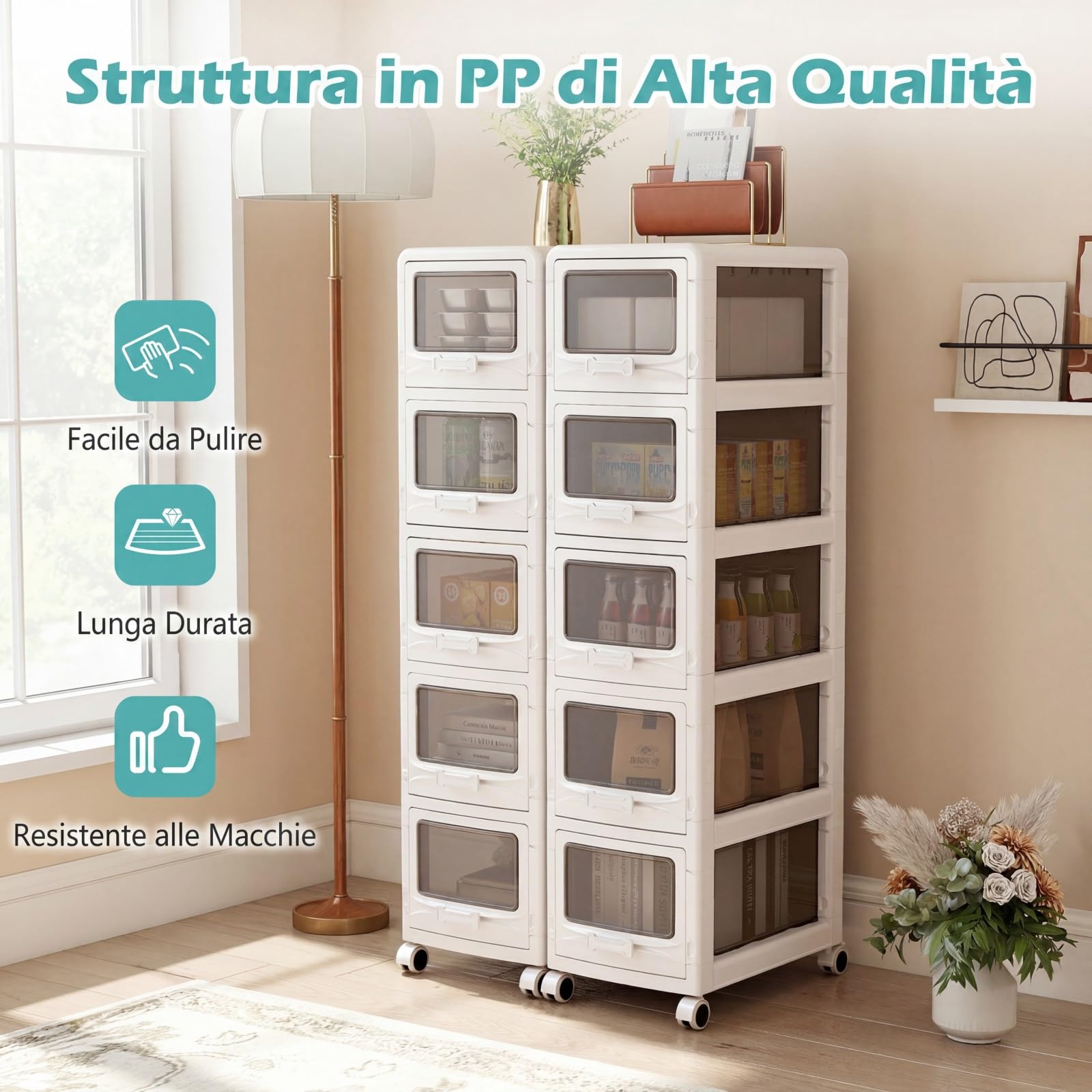 COSTWAY Cassettiera Plastica Trasparente con 5 Cassetti, Carrello Salvaspazio con Ruote Bloccabili e Maniglie, Design Antipolvere, Piedistallo Mobile per Bagno, Cucina e Ufficio (5 cassetti)