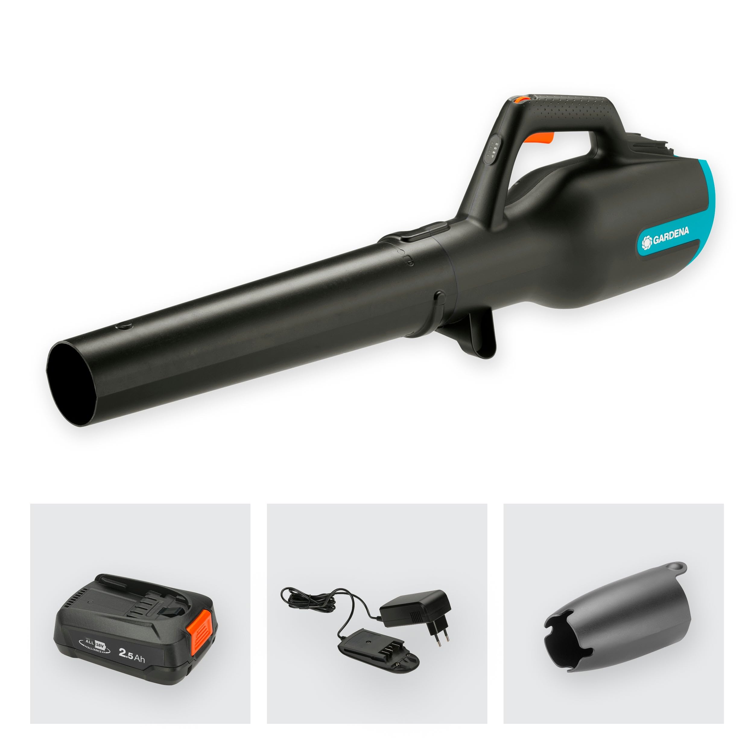 Gardena Soplador de batería PowerJet 18V P4A Set listo para usar: Eliminación de hojas, Velocidad ajustable, Alto volumen de aire, Ligero, Sin cable (14890-20)