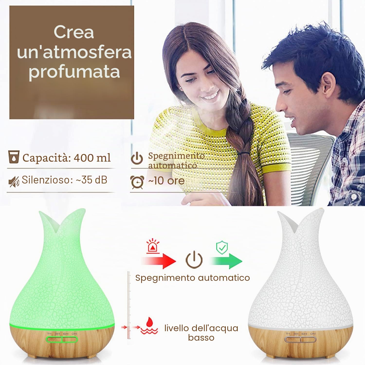 Diffusore di oli essenziali 400ml ambiente con Oli Essenziali 8x10ml set | ultrasuoni umidificatore diffusor aromi, senza BPA, diffusori oli essenziali con timer, 7 luce LED per home ufficio spa yoga