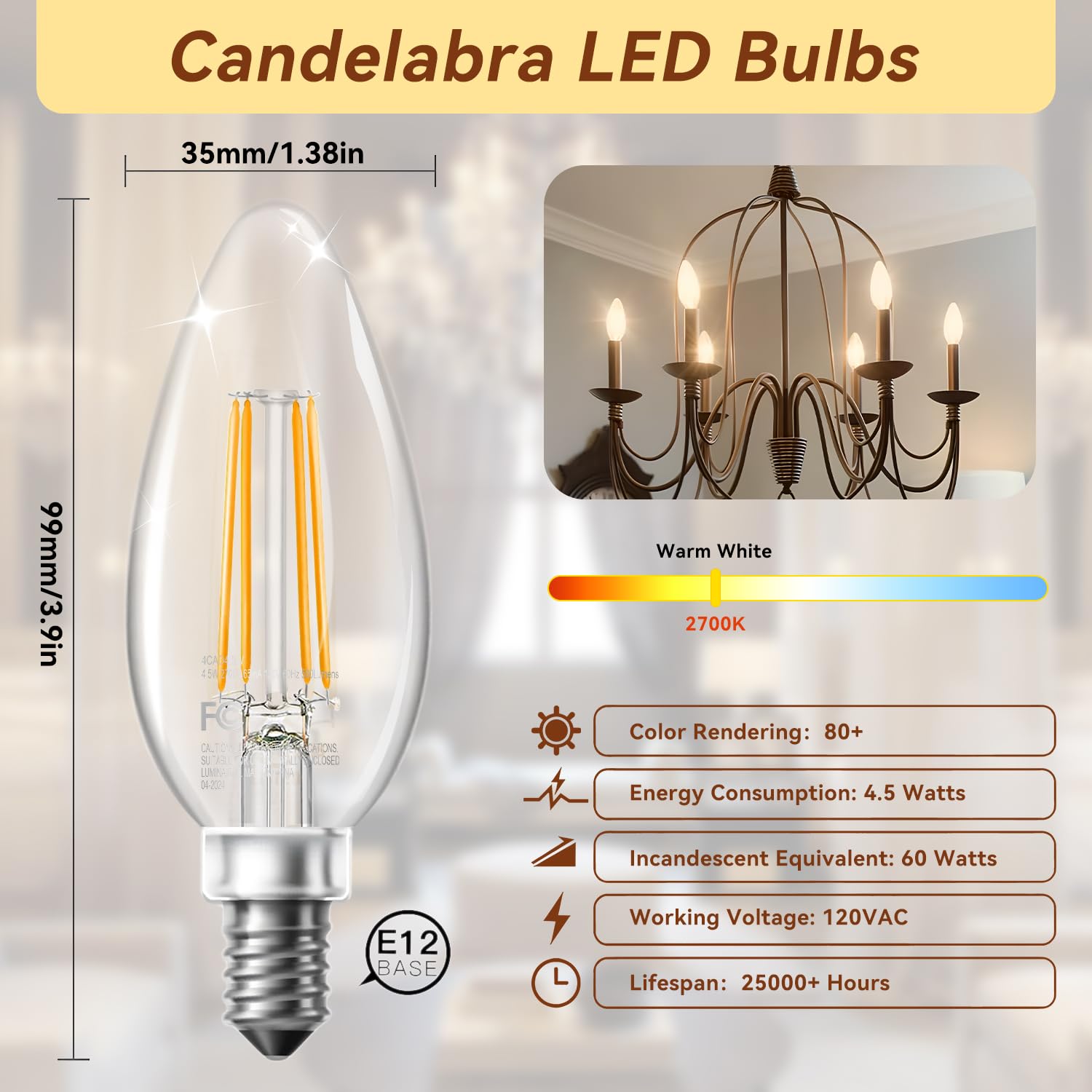TJOY LED Candelabra Bulbs Dimmable 60W Equivalent Chandelier Light Bulb E12 Small Base 4 5W 2700K Soft Warm — view 2
