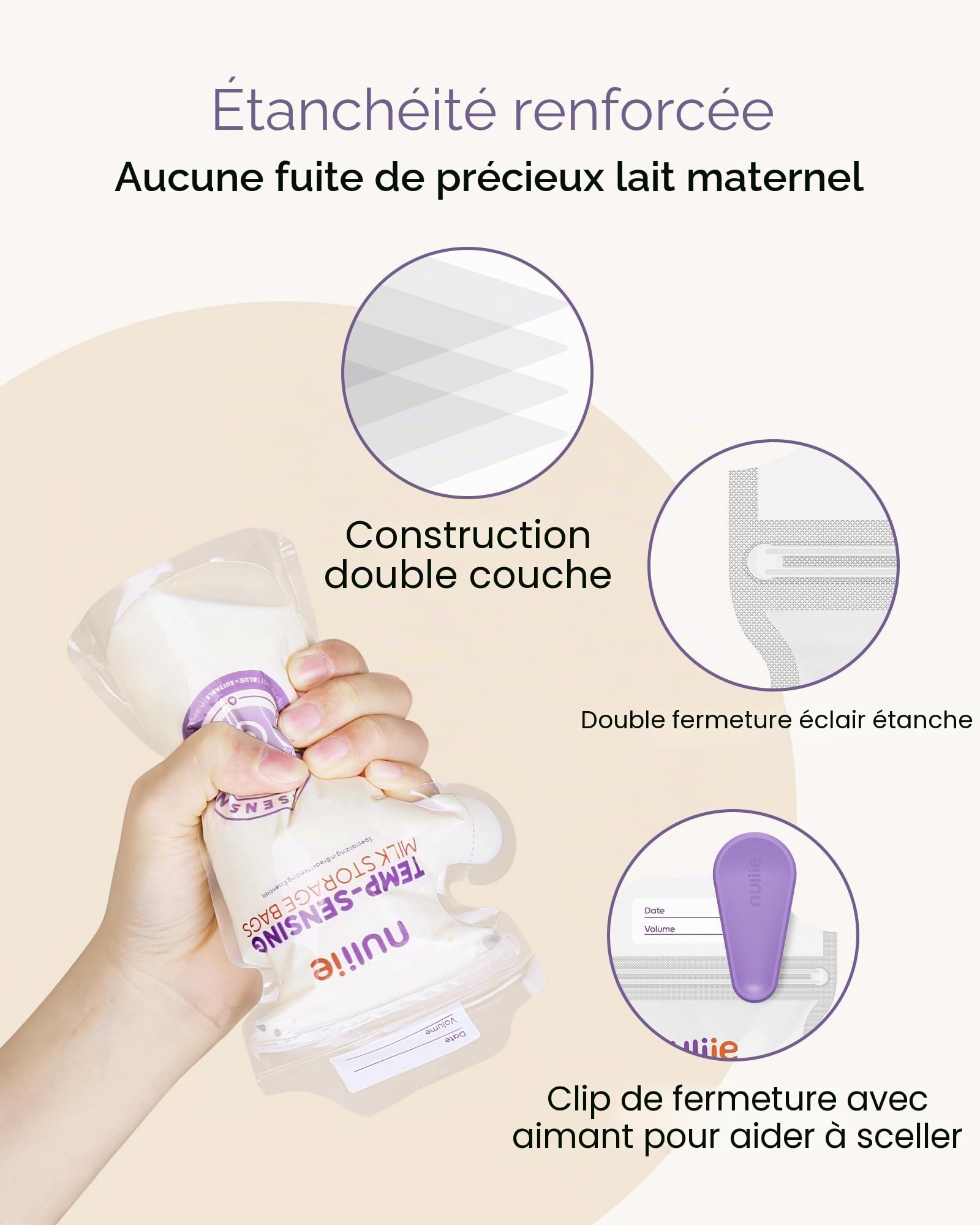 Nuliie Lot de 120 sacs de rangement pour lait maternel à détection de température, grande icône de détection de température et pince de verrouillage, sacs de stockage de lait maternel de 170,1 g avec