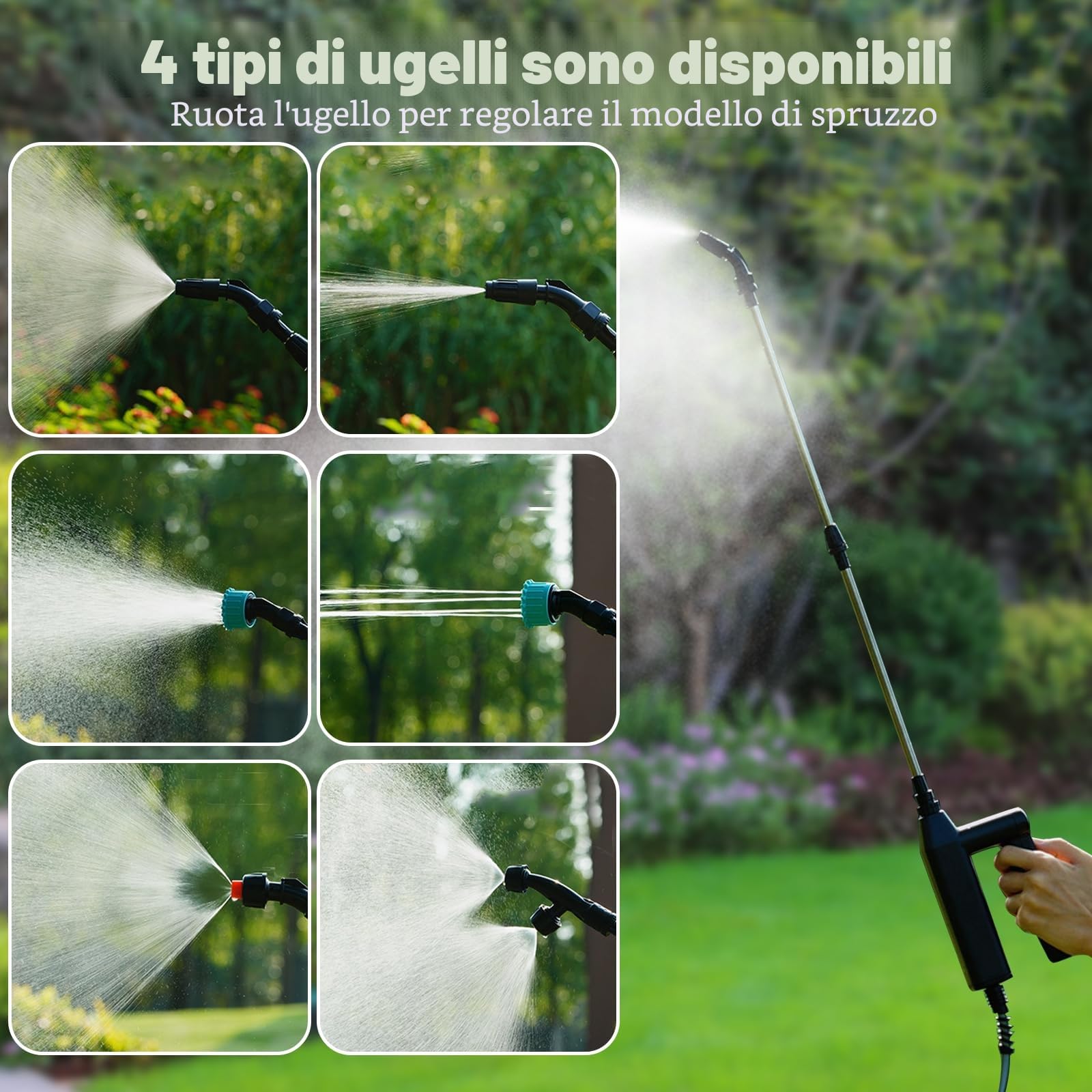 OBEST Spruzzatore Elettrico per Piante, 3 Livelli Regolabili Irroratore | Tubo da 5M e 4 Ugelli, Spruzzatore da Giardino Portatile per Patio, Prato e Autolavaggio con Indicatore di Batteria