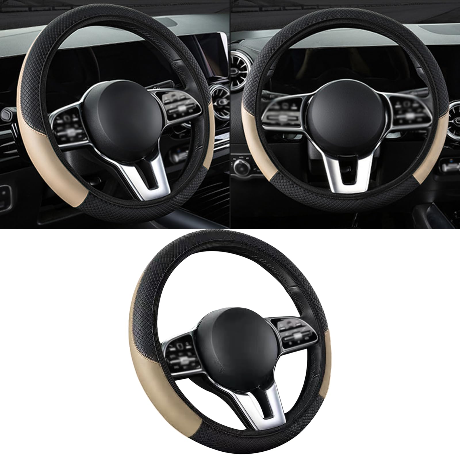 gunhunt Pack-1 Car Steering Wheel Cover, Artificial Leather Protective Case, Steering Wheel Cover Without Inner Ring, Anti Slip Automobile Kit Replacement, Universal for Most Cars, Trucks (Beige)