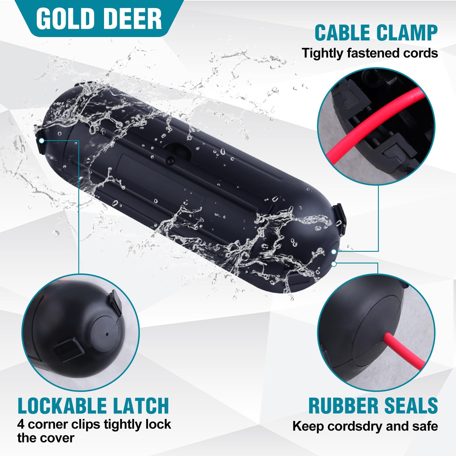GOLD DEER 2Pack Outdoor Extension Cord Safety Cover Mini Waterproof Weather Resistant Seal Housing with 4 Latches Fits 12/14/16 AWG Extension Cord Protector for Holiday String Lights Plug,IP44,Black - Image 2
