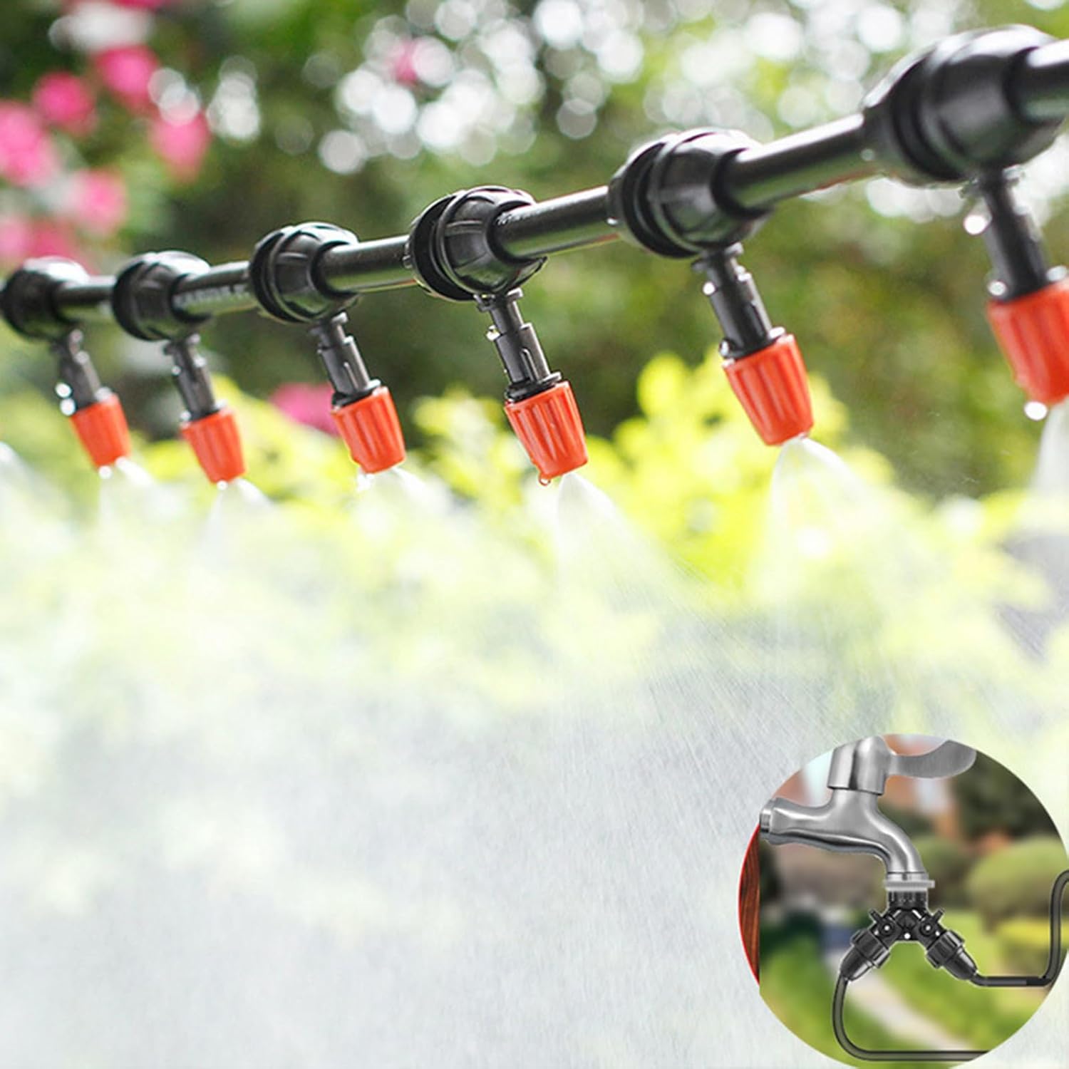 Drip Irrigation Kit for Irrigation Tubing, 3‑Way Joint Connectors and Orange Adjustable Micro Sprinklers, 360 Micro Drip Irrigation Parts for Patio, Lawn, Micro Irrigation System (E)