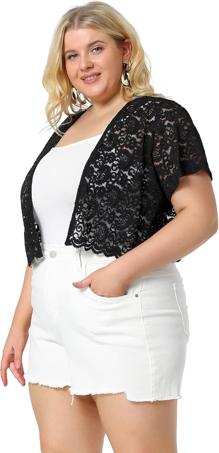 Agnes Orinda Plus Size Bolero Shrugs for Women Lightweight Open Front Short Sleeve Cropped Lace Cardigan - Image 4