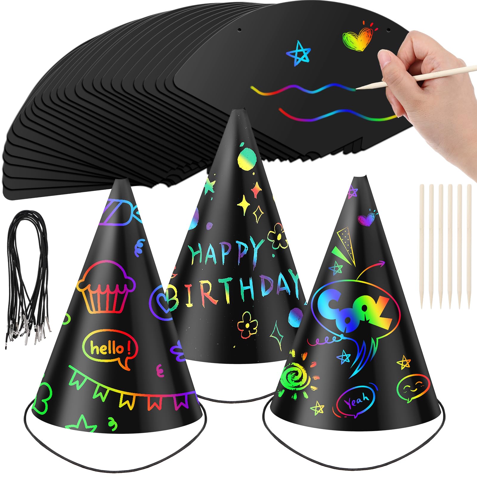 Lewtemi Scratch Party Hats DIY Birthday Art Cone Scratch Hats Colorful Party Craft Paper Hat Decorating Supplies