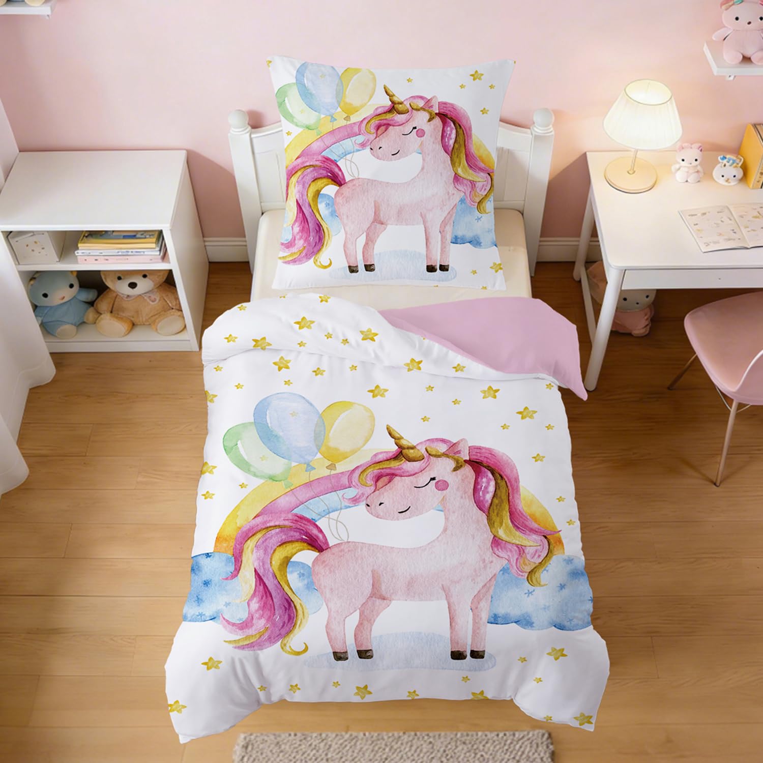 Licorne Enfant Housse de Couette, Fille Parure de Lit 90x190cm - Microfibre Parure de Couette avec Fermeture Eclair + 1Taie d'oreiller 40x60cm