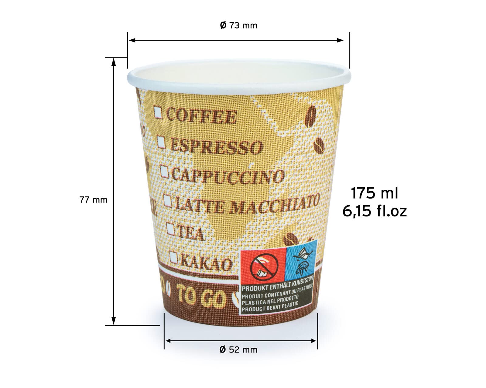 1280 Kaffeebecher aus Pappe, 175 ml, braune Coffee-to-go-Optik, beschichtet