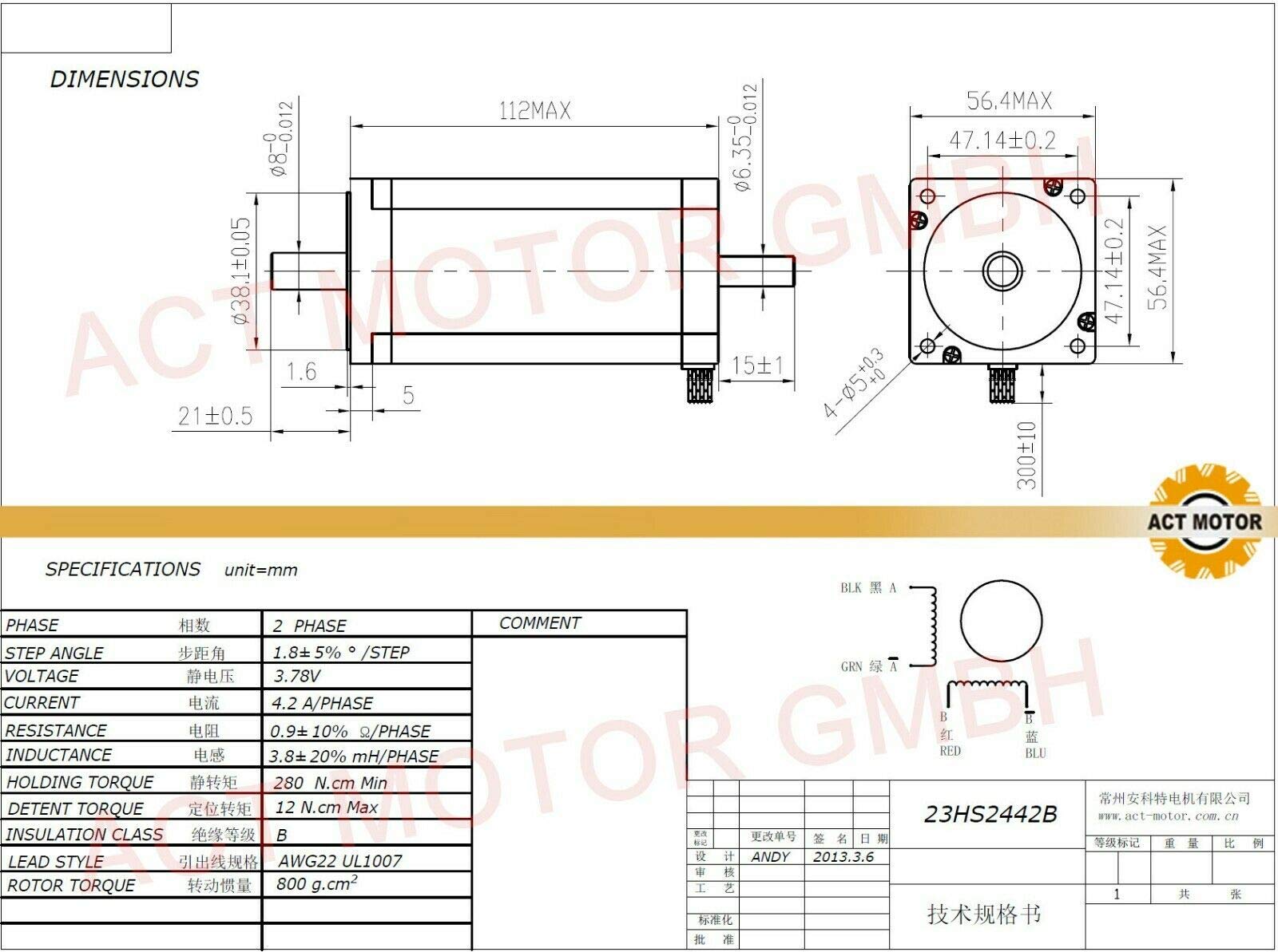 DE-SHIP FREE 1PC 23HS2442B Nema23 silnik krokowy 112 mm 425oz-in 4,2 A okrągły podwójny trzpień Φ8 mm Bipolar 1.8° CNC OEM ACT MOTOR GmbH