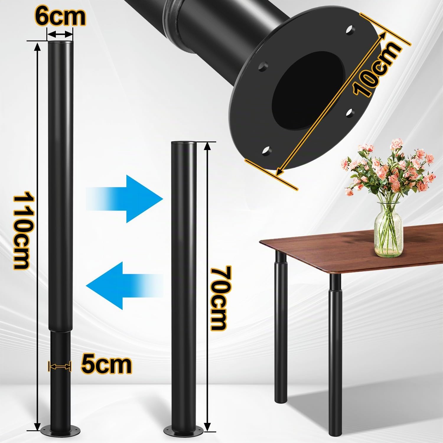 Confezione da 4 piedini per mobili, gambe regolabili da 70 a 110 cm, Fino a 200 kg per mobili, gambe da tavolo in acciaio, Caricabile divano-letto, comodino, armadietto (nero)