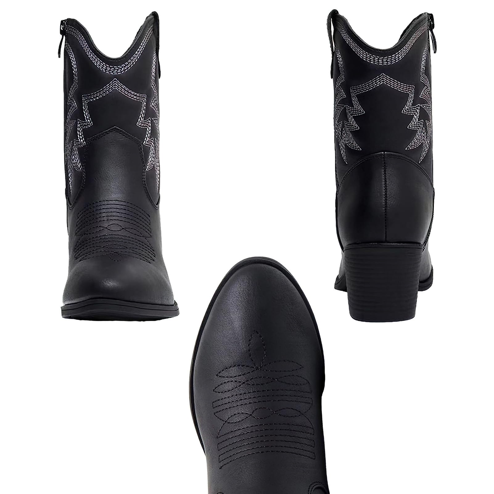 ANUFER Femmes Mi-mollet Bottes de Cow-boy Brodé Talon Bloc Fermeture éclair Latérale Chaussures Western