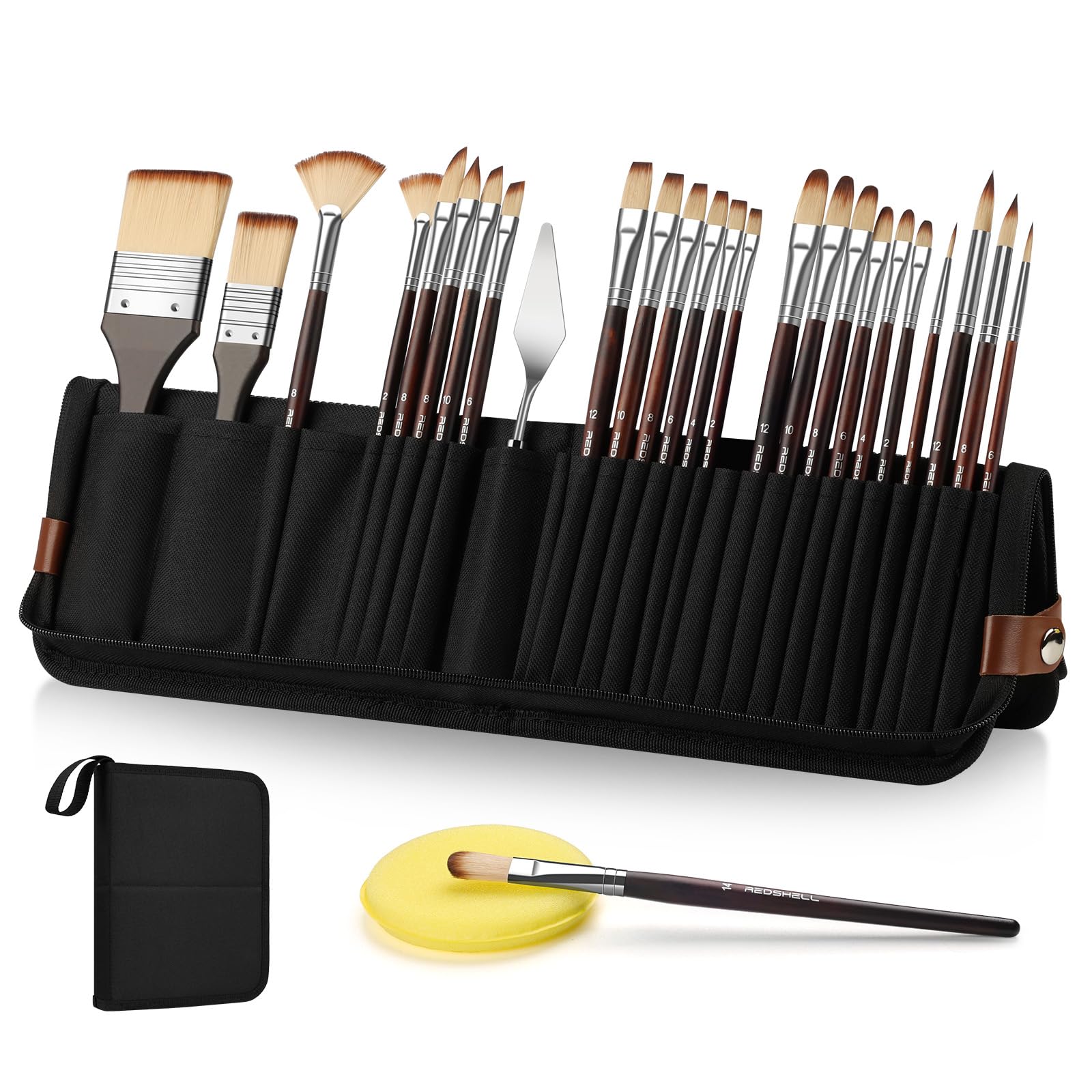 REDSHELL 26pcs Paint Brush Set, Travel Watercolor Acrylic Paint Brushes with Flat, Filbert, Fan, Dagger, Cat Tongue, Round, Palette Knife, Professional Paintbrush Kit for Artist, Oil, Face Painting