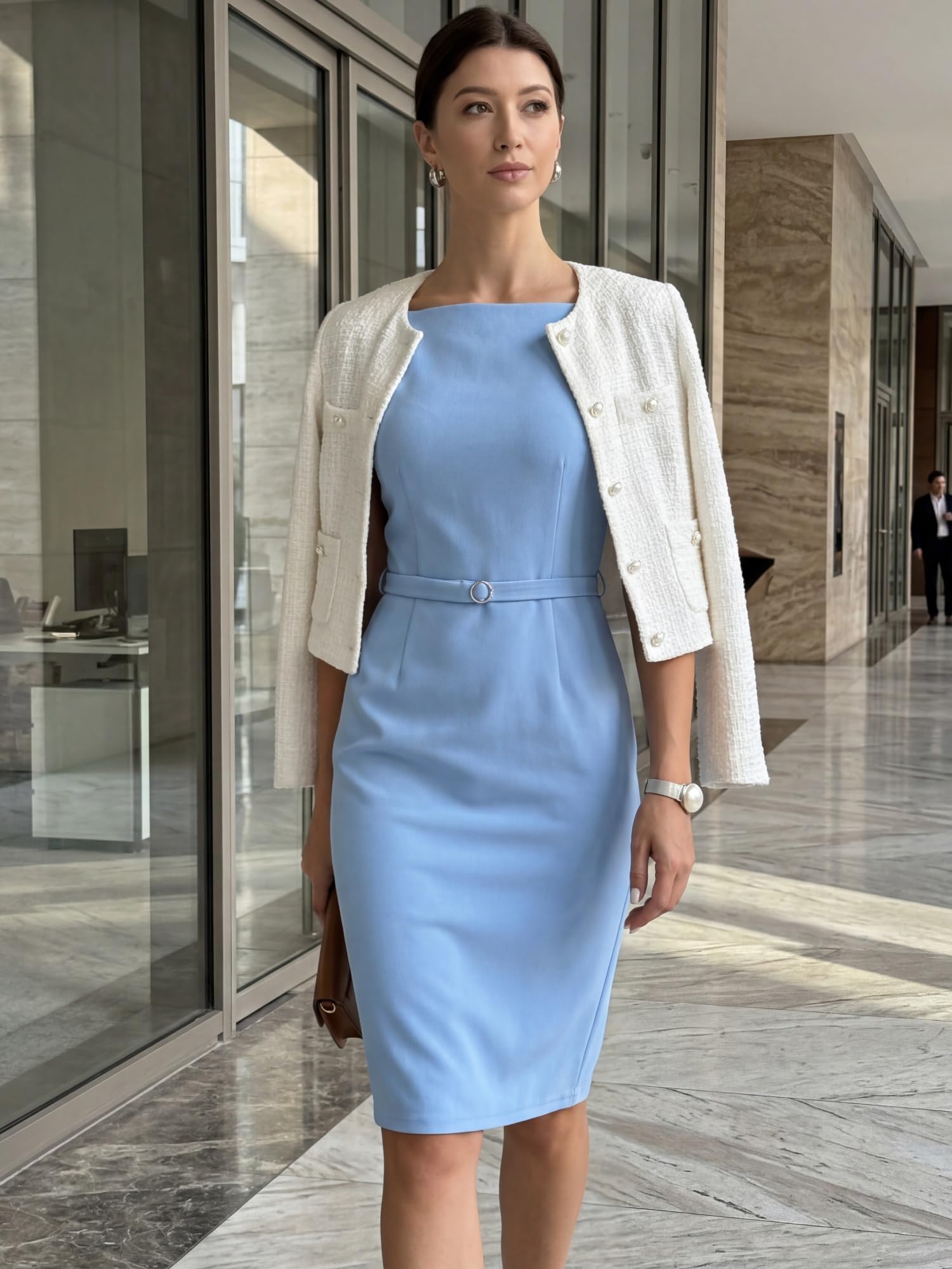 Allegra K Mujer Vestido de Vaina sin Mangas con Cinturón de Trabajo
