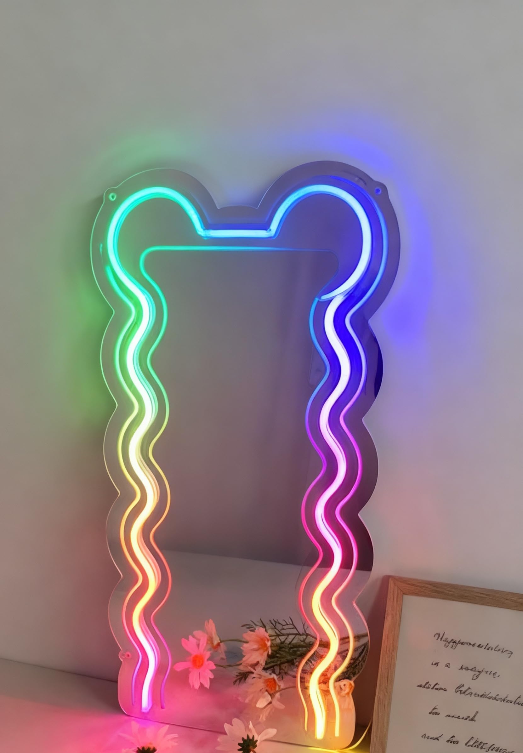 Bear Ears Mirror RGB Neon Sign Mirror - Wedding Home Decor Wall Art Light for Bedroom Living Room Dressing Room Party Decorations