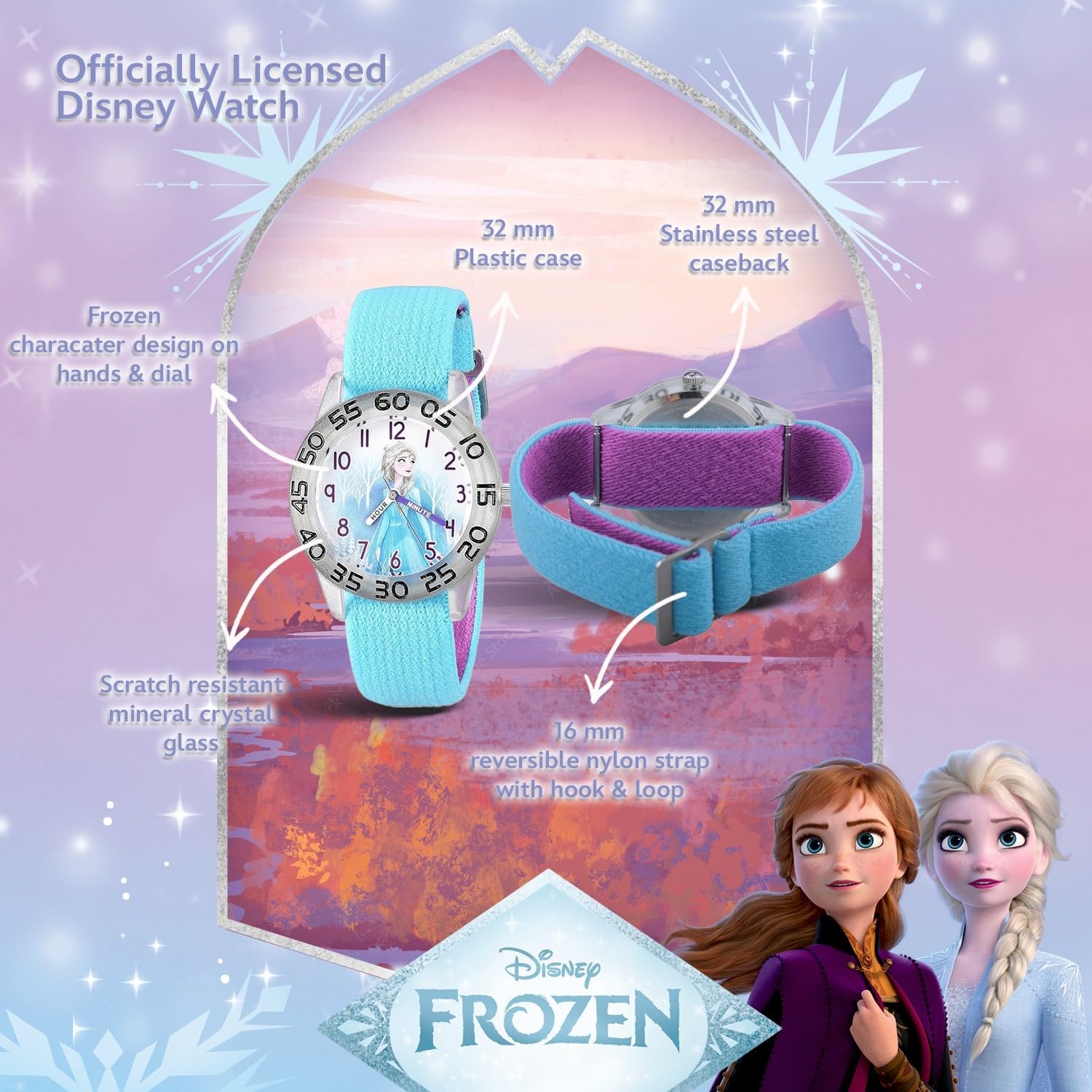 Disney Frozen 2-Pack Watch Set for Kids Ages 4–7 – Featuring Elsa and Anna Dial Designs – Silver Bezels with Purple Glitter and Blue Nylon Straps – Gift for Girls – GET 2 Mystery Bonus Watches - Image 5