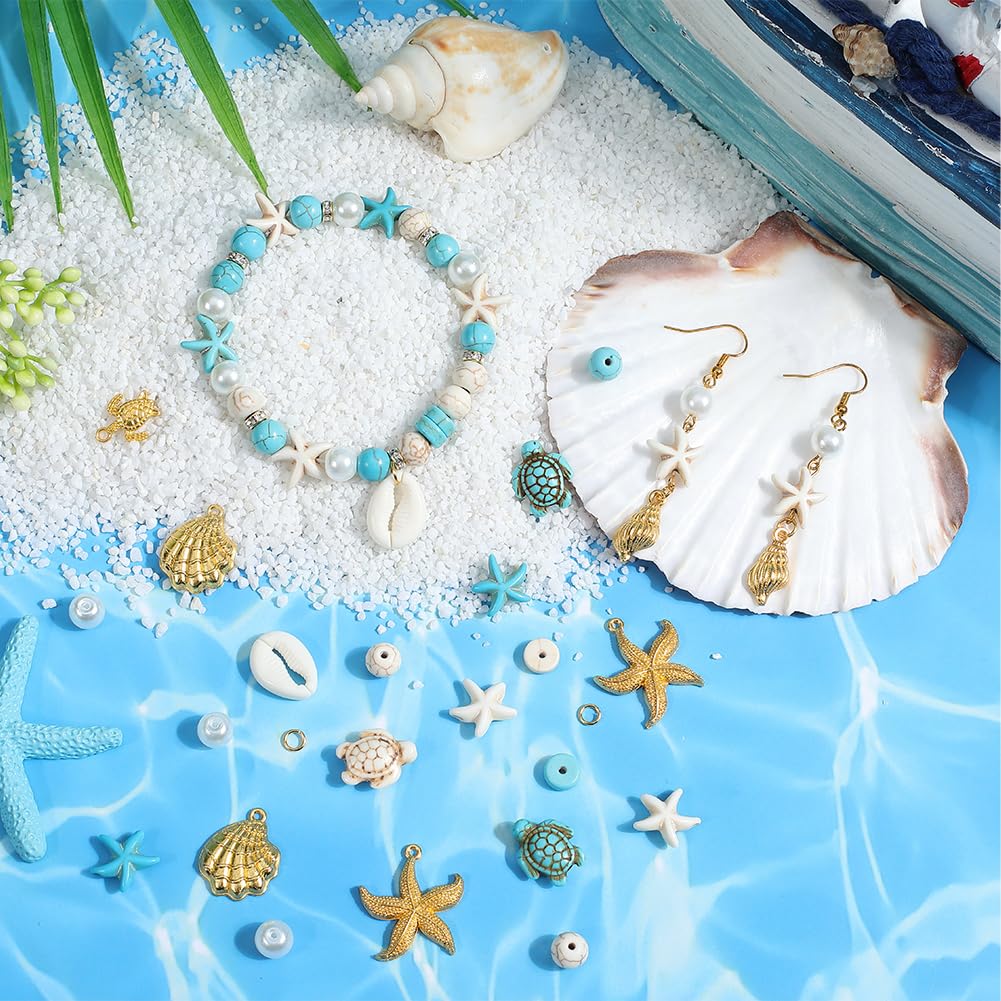 SUNNYCLUE 1 scatola 336 pezzi Kit Perline Oceano Tartaruga Marina Stella Marina Perlina Estate Hawaii Ciondoli Vita Marina Ciondolo Conchiglia Oro Ciondoli Tartarughe Perline Turchesi Fortunate per Ki