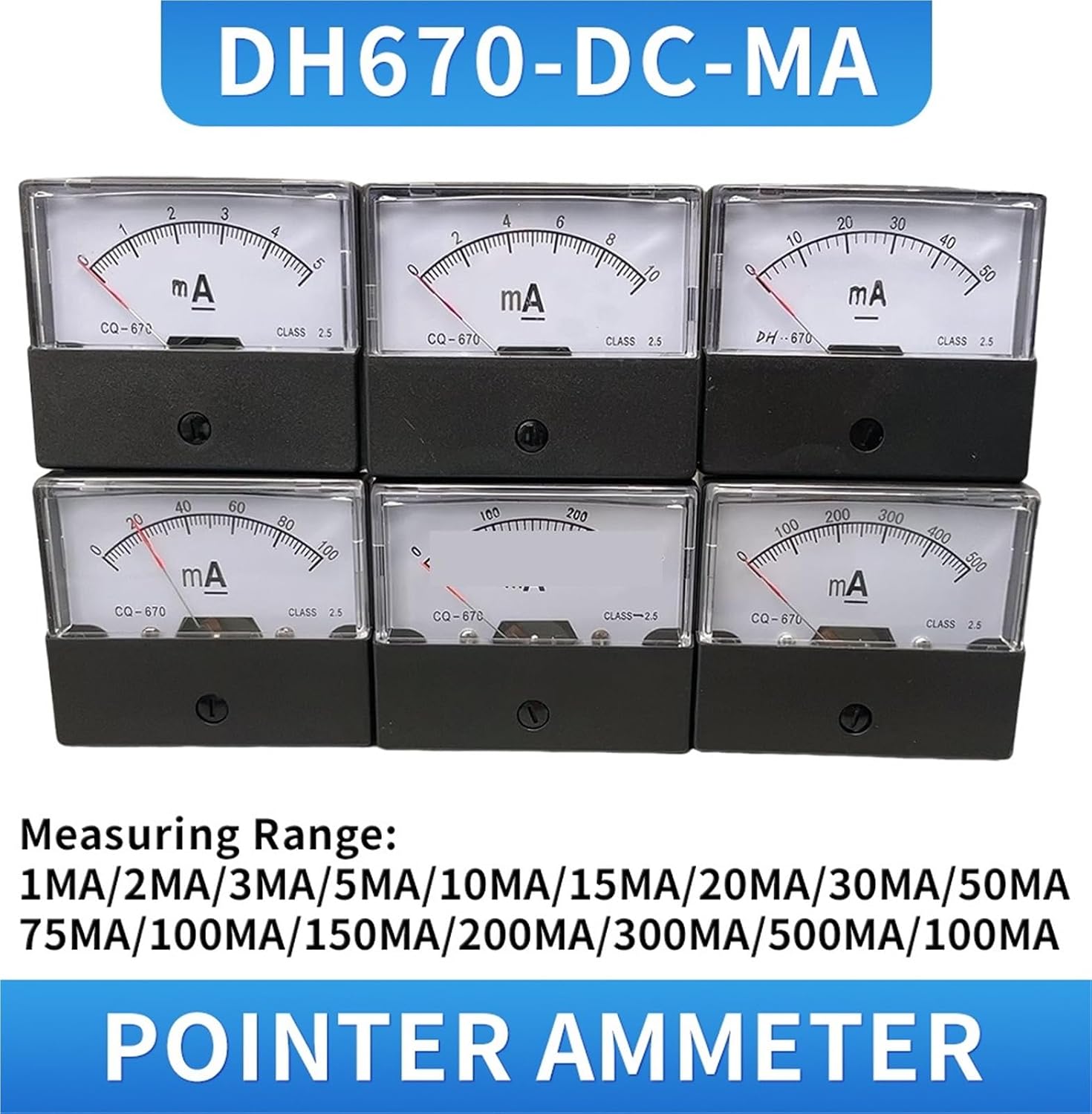 Ammeter DH-670 DC 0-500 MA 1MA 2MA 3MA 5MA 10MA 20MA 30MA 50MA 100MA Rectangular Ampere Needle Panel Meter Gauge Amperemeter 1Pcs(500MA)