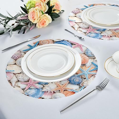 Miniatura 6 de Soft Color Shell and starfishes Round placemats wipable placemats for Dining Table Set of 4 15x15 in individuales para mesa de comedor Elegantes