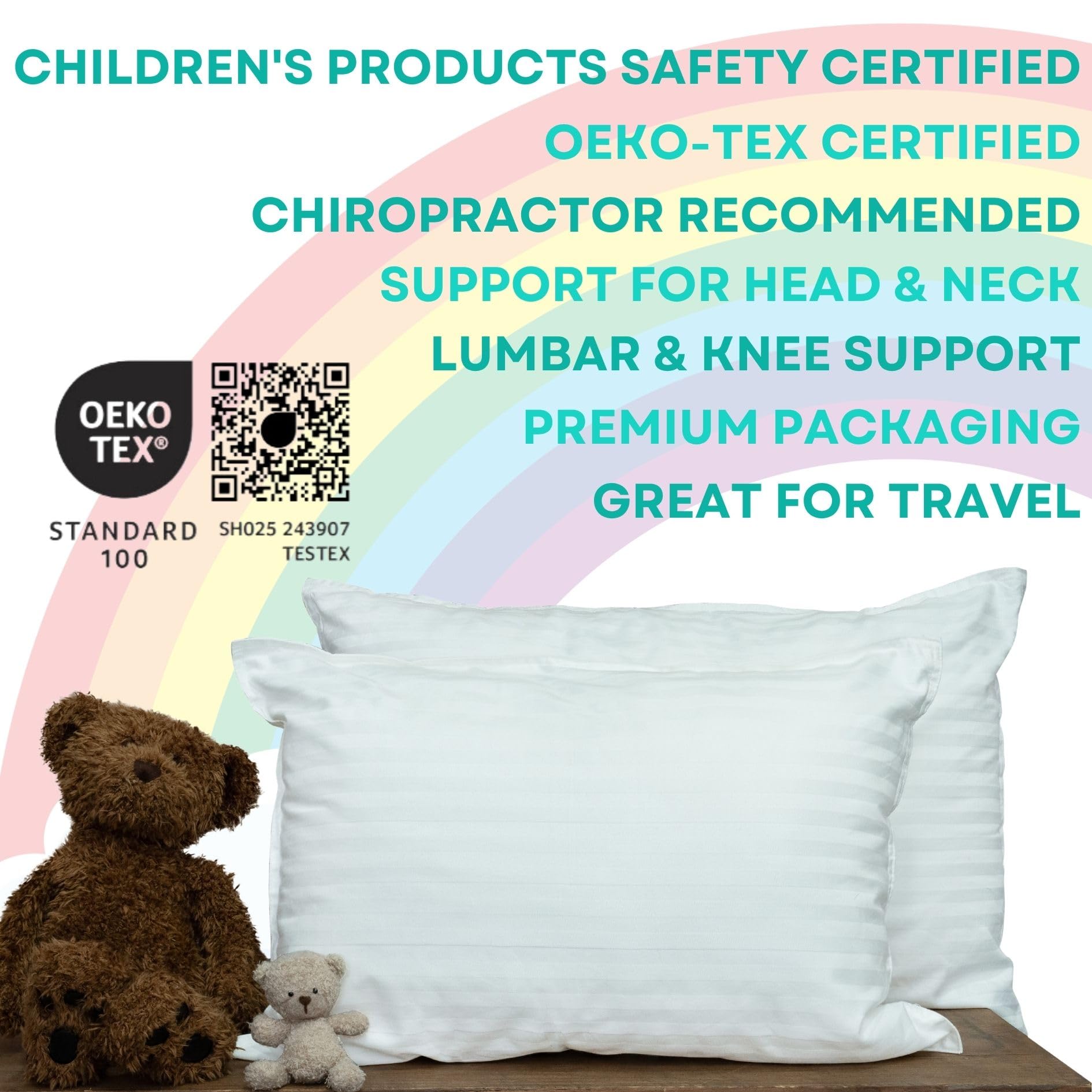 kinder Fluff Oreiller Enfant. Coussin en Coton 300T, Garnissage Doux, Taie Hypoallergénique et Lavable. Parfait pour Bébé, Enfants, Reposant, Sieste Maternelle, Décoration Chambre & Voyage.