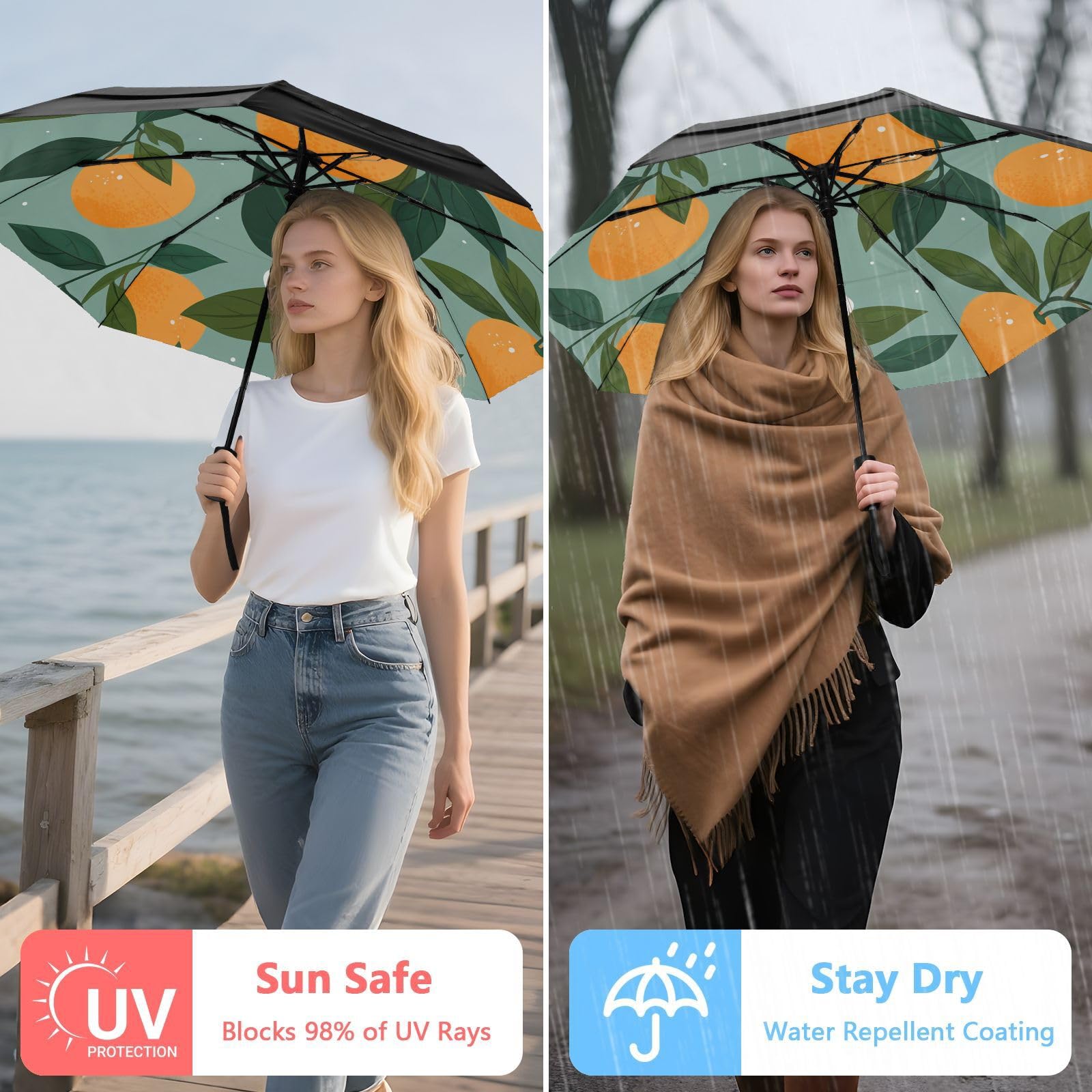 Naranjas De Frutas Paraguas de Viaje Resistente al Viento Apertura Cierre AutomáTicos,Compacto con ProteccióN Solar UPF 50+ Ideal para JóVenes Chicas