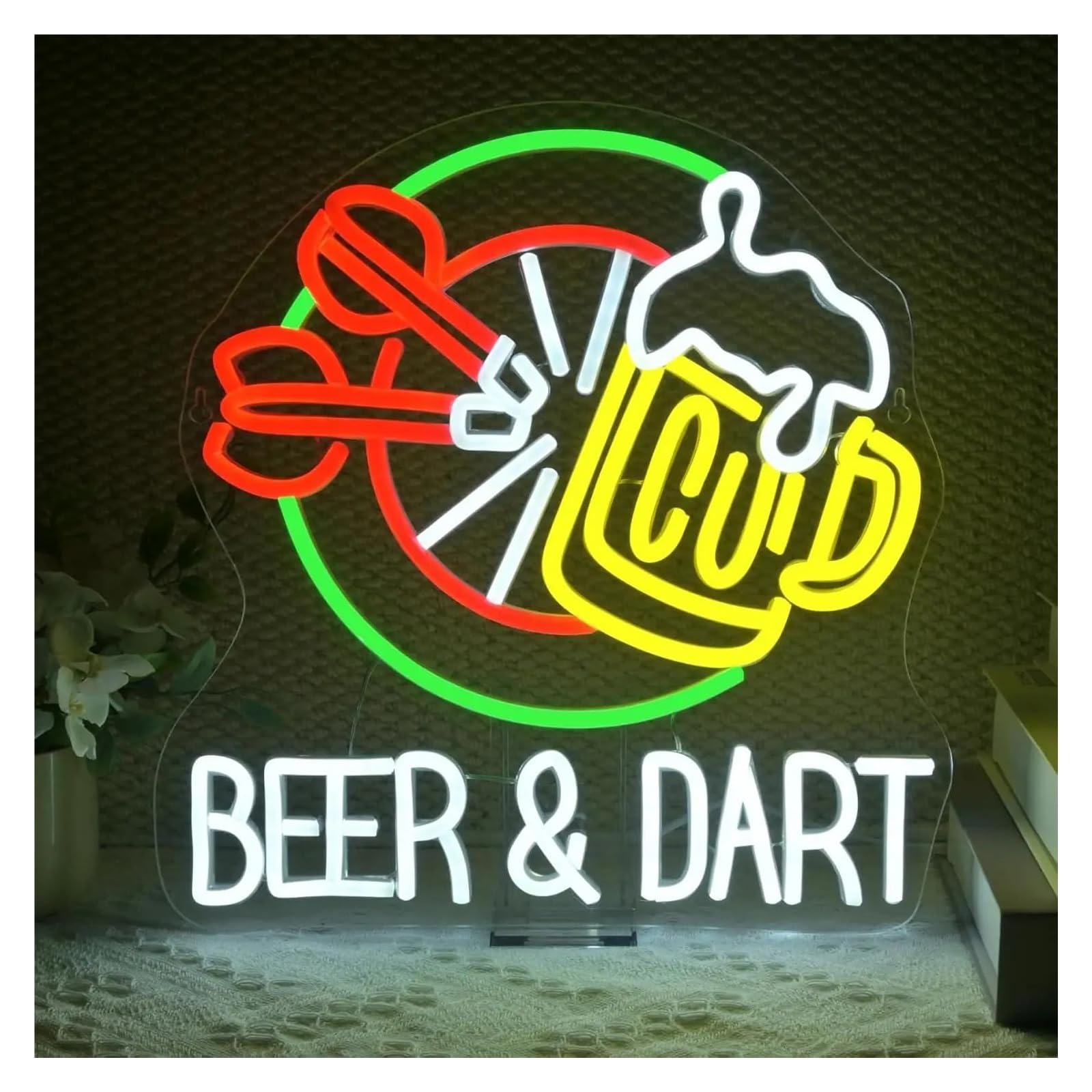 RONGCH Hanging Art Neon Signs Beer & Dart Neon Sign Fun Bar Dimmable Wall Decor Light Dimmable Mug Design for Game Room Pub Or Man Cave 33x32cm