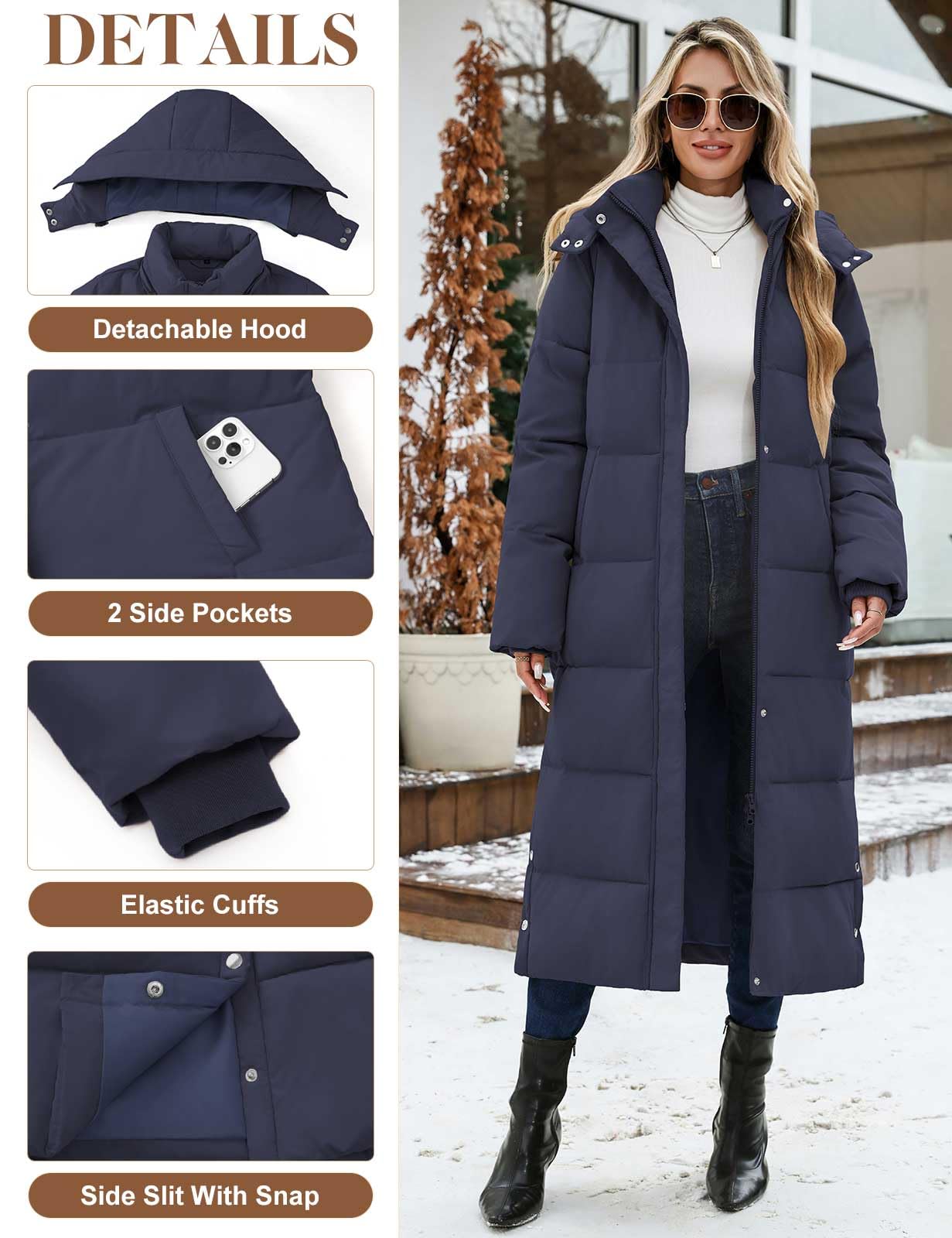 CMTOP Cappotto Donna Invernale Extra Lungo Giubbotto Imbottito in Cotone Caldo Trapuntato Cappotti con Cappuccio Elegante Casual Giacca Outdoor Piumino con Zip e Tasche