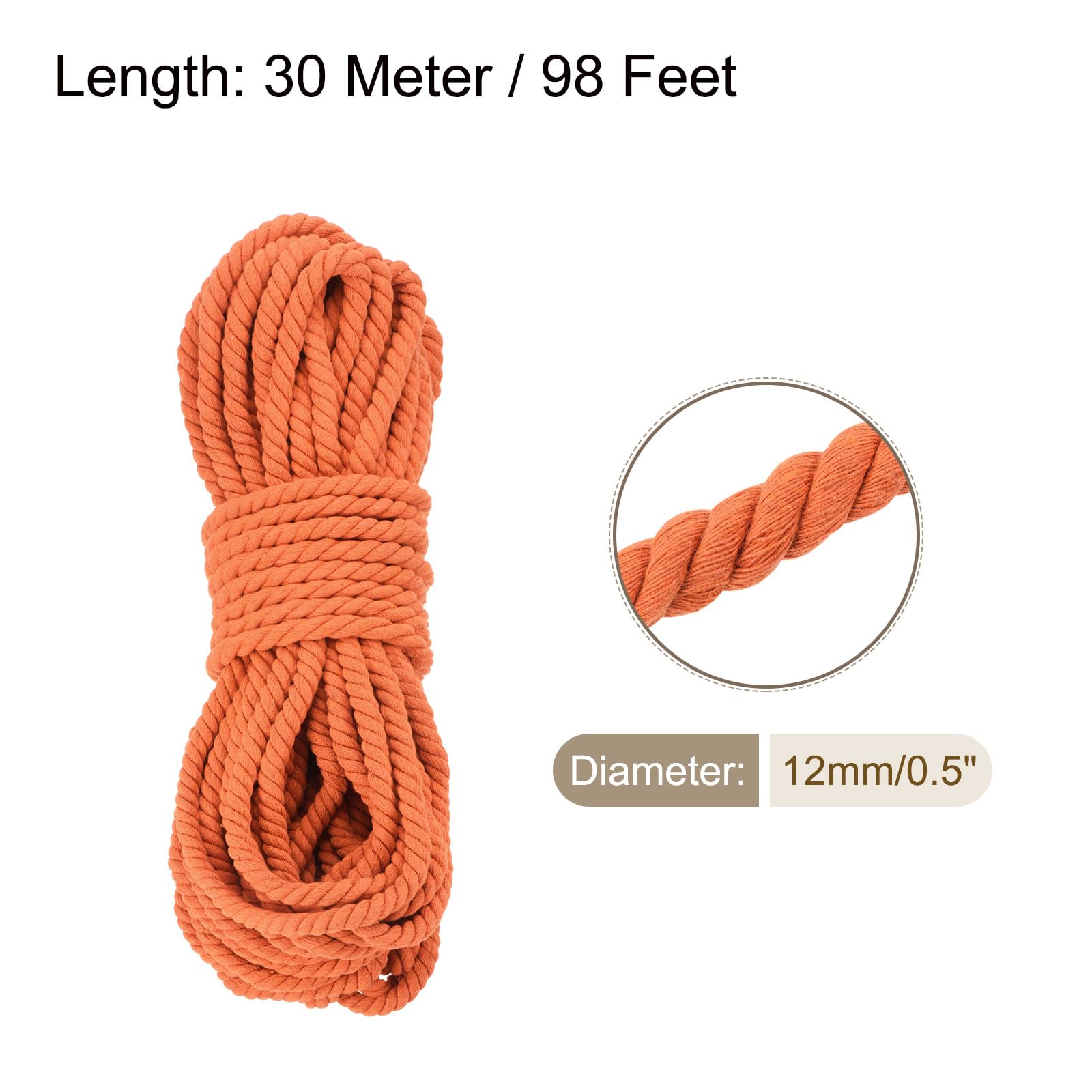 0.5 Pulgadas 98 Pies Cordón De Macramé, Cordón De Algodón Cuerda Hilo 3 Hebras Trenzado Grueso Cordón De Macramé [para Manualidades Colgadores De Plantas] - Naranja
