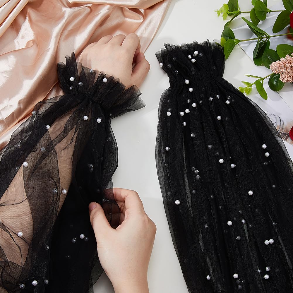 Hobbspring 2Pcs Lace Puff Sleeves Removable Tulle Sleeves Black Pearls Beaded Mesh Puff Arm Sleeves Long Tulle Sleeves for Women Wedding Dress Prom Opera Theme Evening Party - Image 4