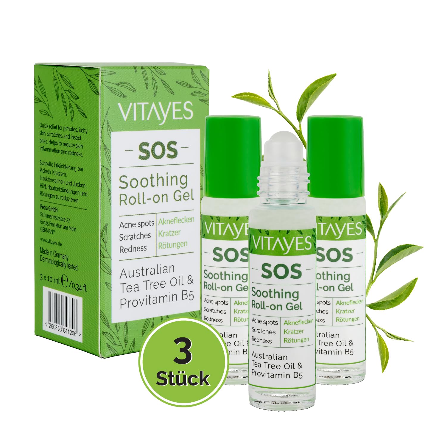 Vitayes SOS BIO Teebaumöl Roller 3x10 ml – Ätherisches Öl gegen Pickel, Akne & Hautunreinheiten – Roll-on Stift mit Vitamin B5 – Vegan & Tierversuchsfrei