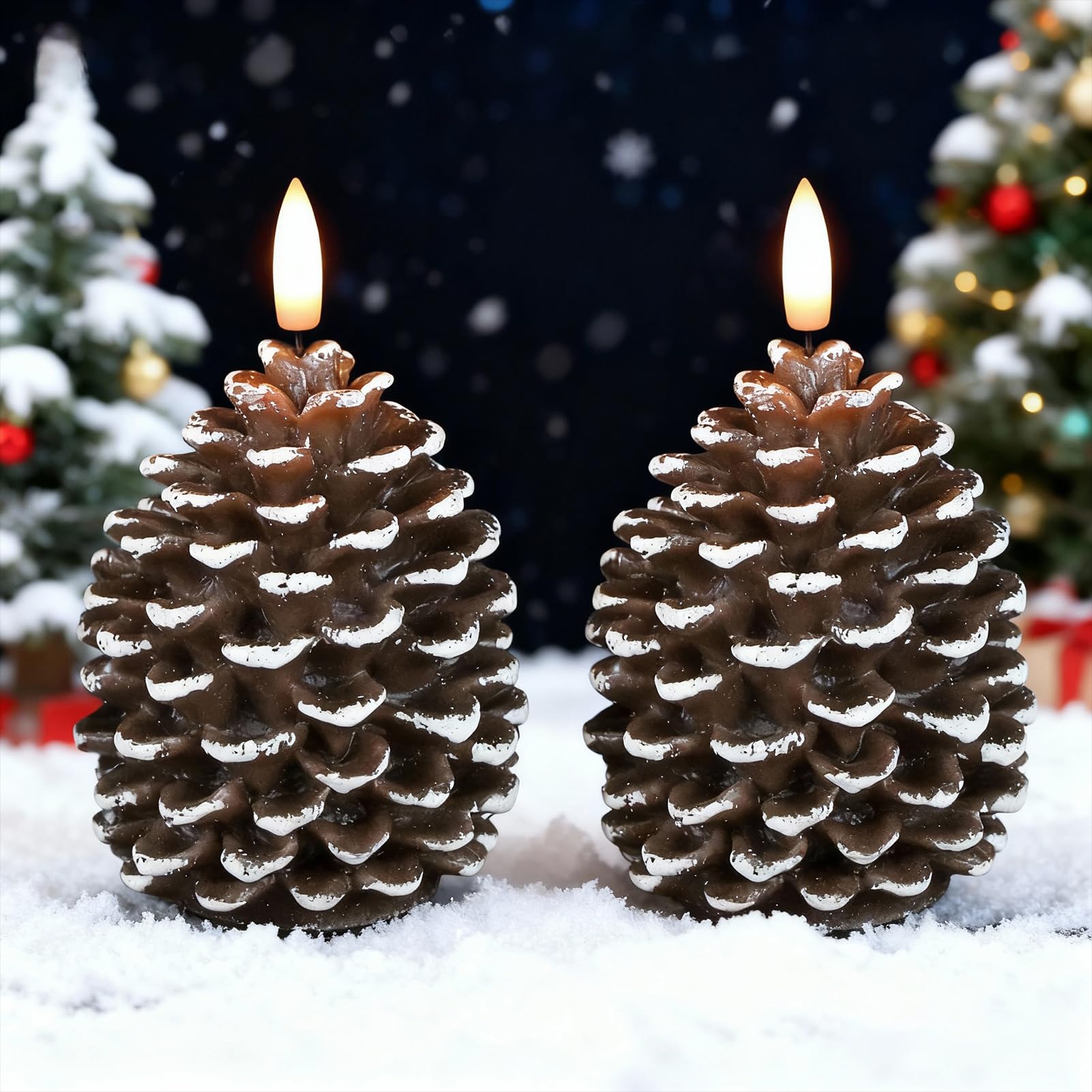 Candele a LED senza fiamma a forma di pigna con timer 6H, candele a pilastro cerose a batteria, confezione da 2 candele natalizie tremolanti con ghianda tremolante, decorazioni natalizie