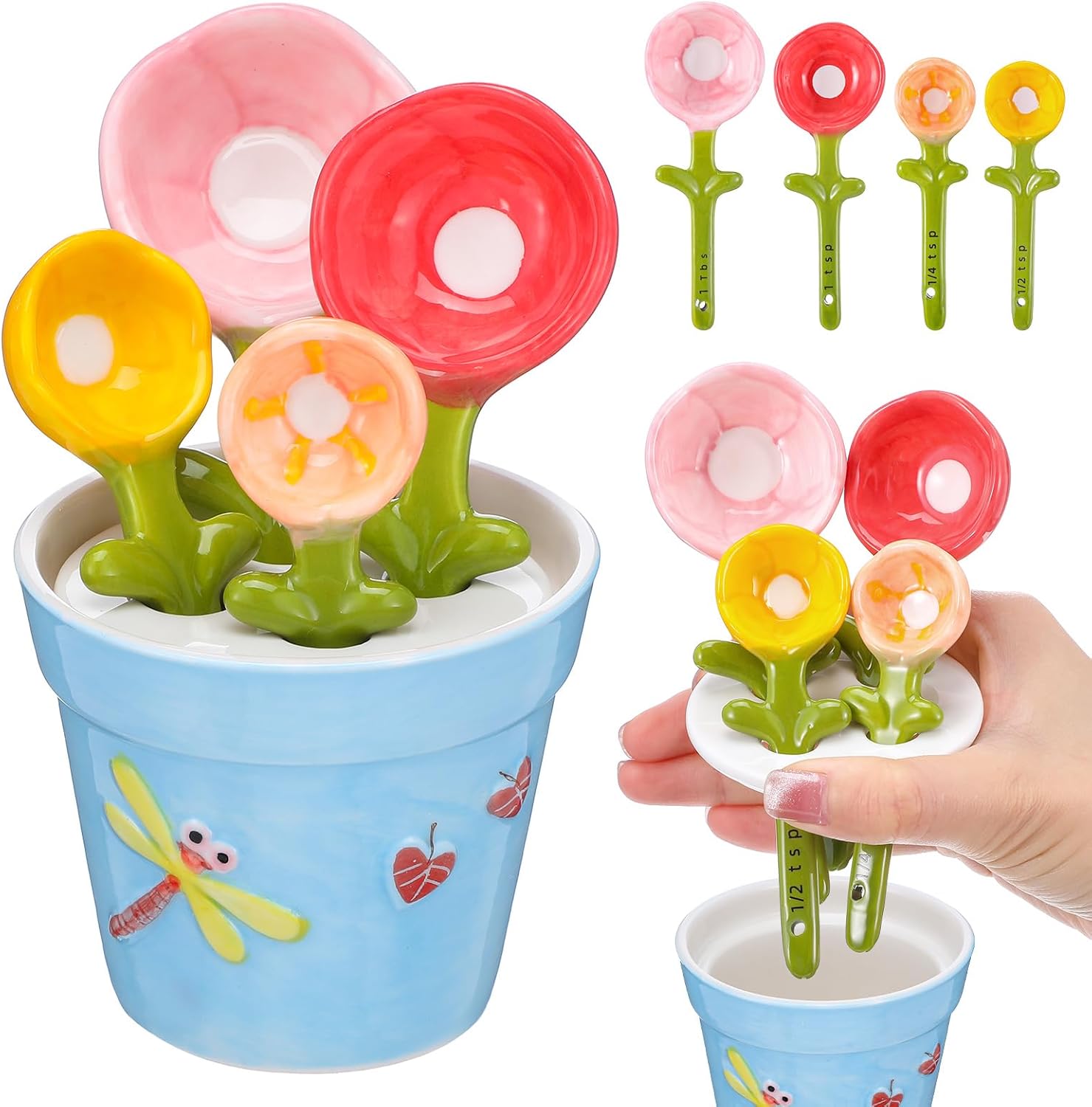 Flower Measuring Spoons Set in Pot - Ceramic Baking Measuring Spoons with Holder for Dry & Wet Ingredients - Cute Flower Figurine - 1 Tbsp, 1 Tsp, 1/2 Tsp, 1/4 Tsp - Unique Gift, Dishwasher Safe(Pink）