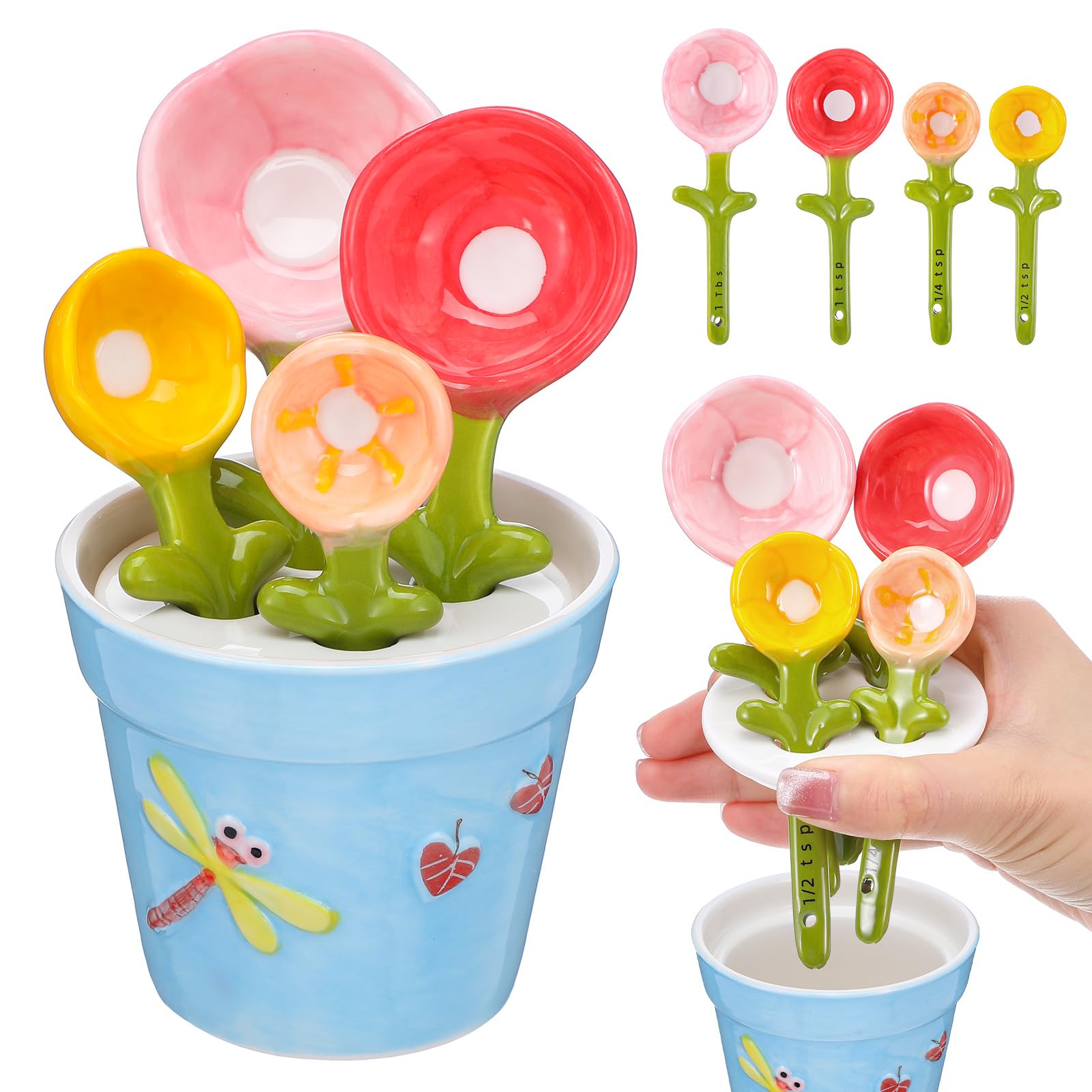 Photo 1 of Flower Measuring Spoons Set in Pot - Ceramic Baking Measuring Spoons with Holder for Dry & Wet Ingredients - Cute Flower Figurine - 1 Tbsp, 1 Tsp, 1/2 Tsp, 1/4 Tsp - Unique Gift, Dishwasher Safe(Blue?
