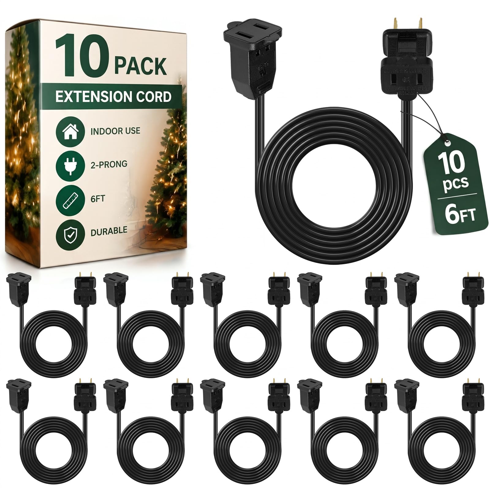 Kanayu 20 Pack Black 6 ft Indoor Extension Cord 2 Prong Electric Cord Extender, Wire Plug in and End, Ac 120 Volts, for Outdoor Christmas Connect or Extend