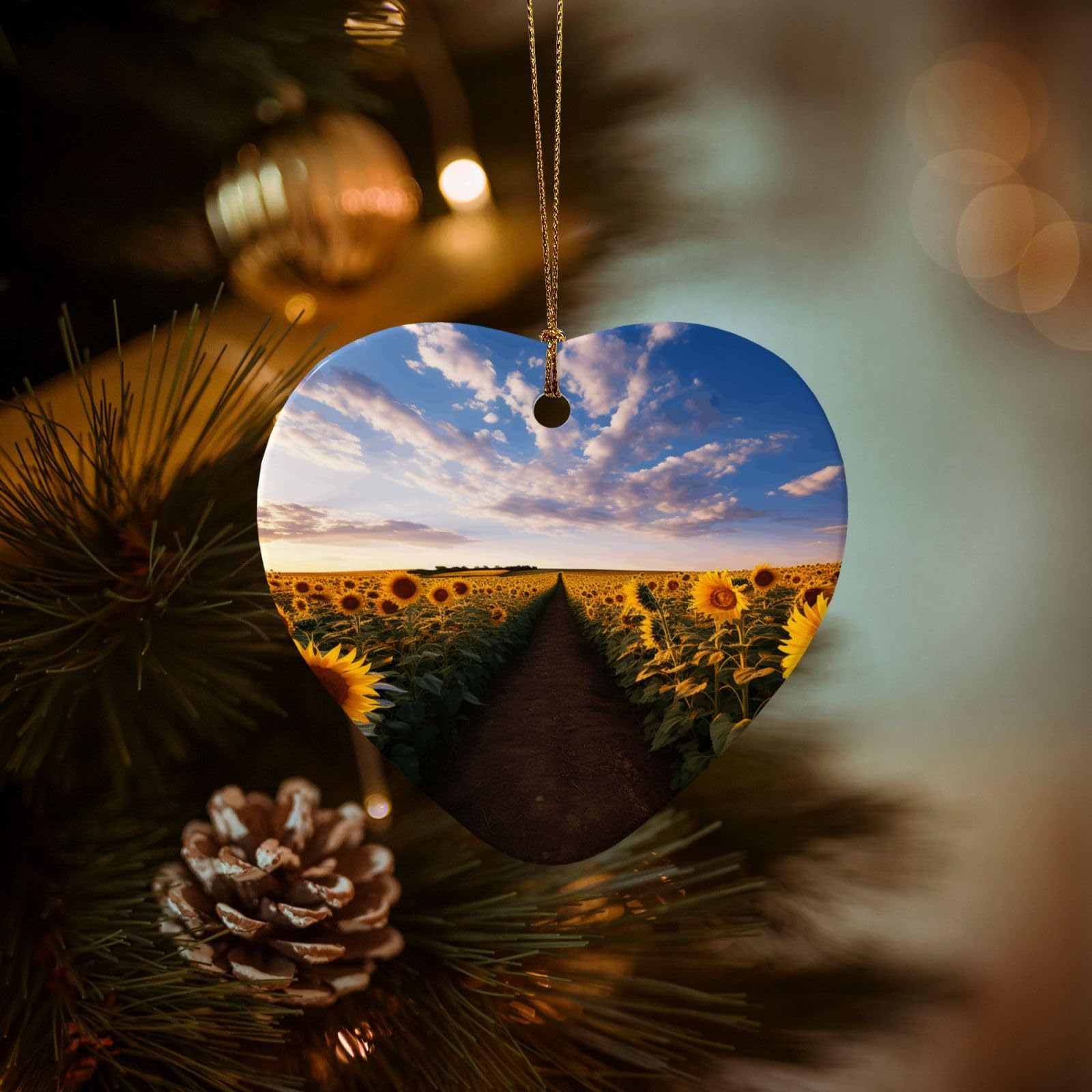 Christmas Tree Ornaments Ceramics Christmas Decorations Field of Blooming Sunflowers Ornaments with Gold Ribbon Porcelain Xmas Tree Crafts Heart Shape Hanging Pendant for Christmas Tree Party Decor