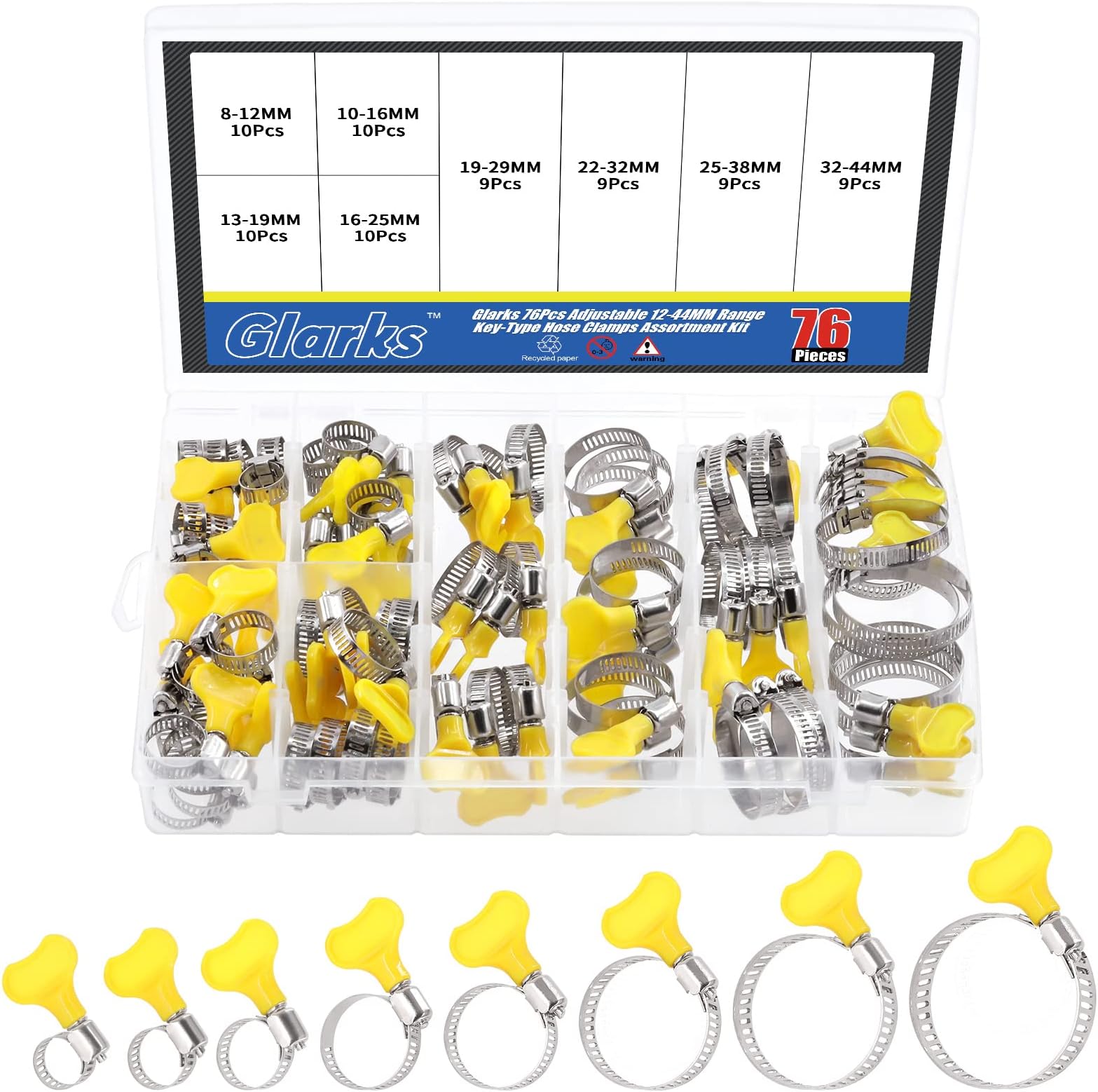 Glarks 76Pcs Adjustable 8-44MM Range Hose Clamps Assortment Kit Key-Type Stainless Steel Worm Gear Hose Clamp with Plastic Handle for Water Pipe, Plumbing, Automotive and Mechanical Application