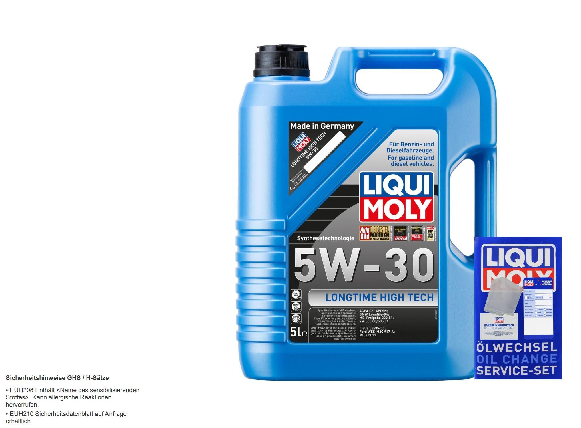Inspektionspaket enthält 5 Liter Motoröl Longtime High Techl 5W-30 Ölfilter Luftfilter Innenraumfilter Verschlussschraube kompatibel mit KA RU8 1.2 Panda 169 169