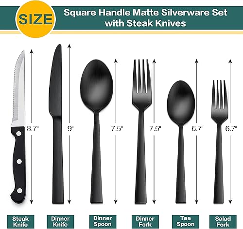 Miniatura 10 de LIANYU Juego de cubiertos mate de 72 piezas con cuchillos para carne, juego de cubiertos de acero inoxidable para 12, utensilios cuadrados para