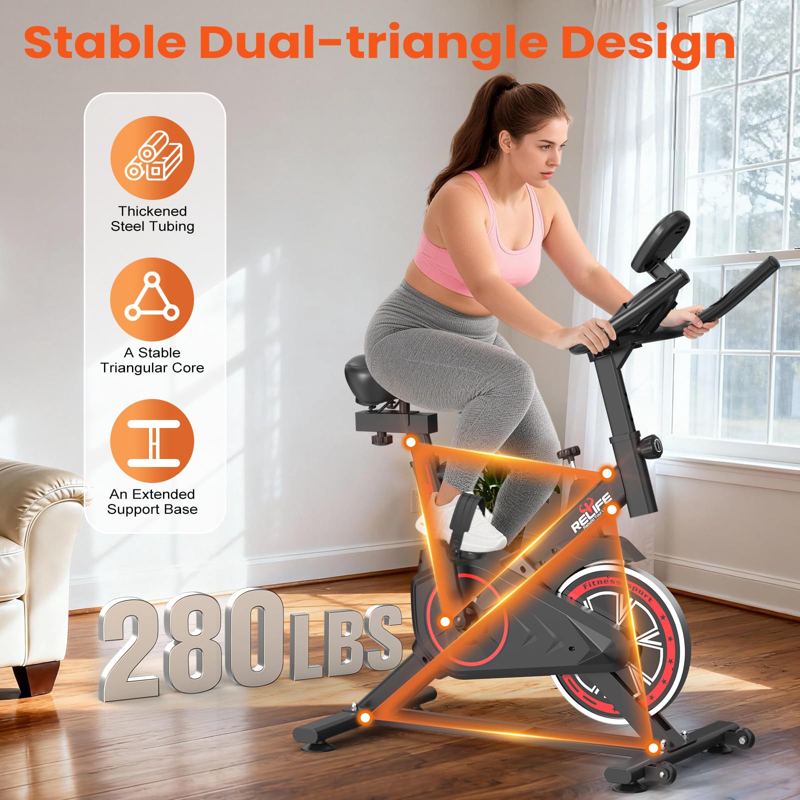 RELIFE REBUILD YOUR LIFE Exercise Bike Stationary for Home Indoor,Cycling Bike with Silent Belt Drive for Home Cardio,Brake Pad Resistance with djustable & Comfort Seat/PAD Holder/LCD Monitor.