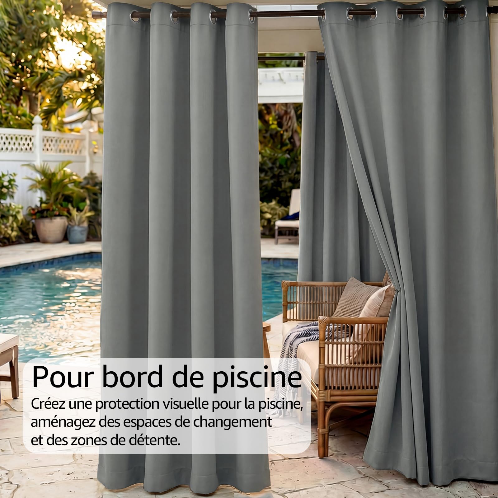 TOPICK Lot de 2 Rideaux d'extérieur Occultants Imperméables à Oeillets， Protection de l'Intimité, Usage Intérieur et Extérieur, L132 x H275 cm, Gris Clair, pour Pergola Terrasse Balcon Jardin Tonnelle