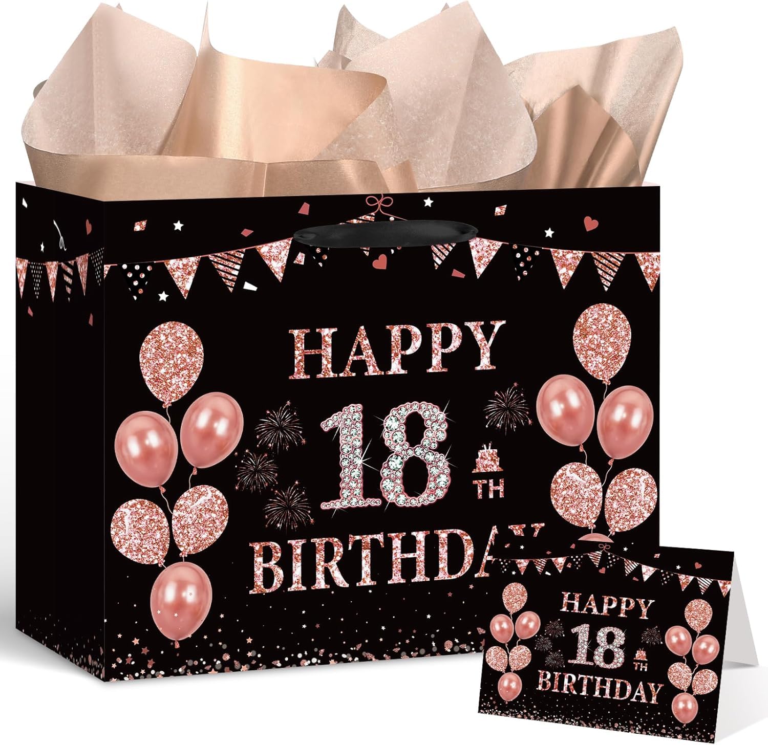 Black Rose Gold 18th Birthday Gift Bag with Greeting Card and Tissue Paper Rose Gold 18th Gift Wrap Bag for Eighteen Years Old Birthday Party Decorations Supplies