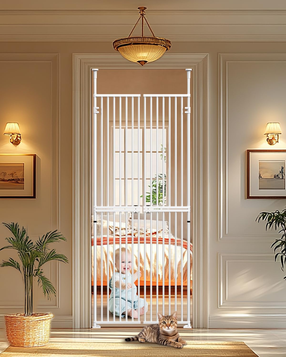Cat Gates for Doorways No Climb, Extra Tall Cat Gate 71 Inch, 33.5"-35.8" Wide Cat/Dog Safety Gate for Doorway, Pet Gates for Doorways/Hallway/Stairs, No Drilling Required, Easy Lock & Escape Proof