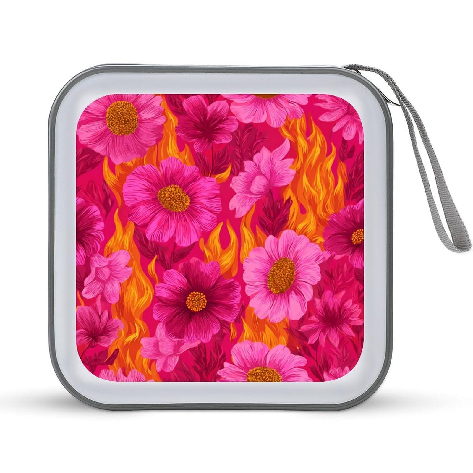 Jubonexis Summer Pink Florals with Neons Flames CD Case DVD Storage Case Portable for Car Home Travel